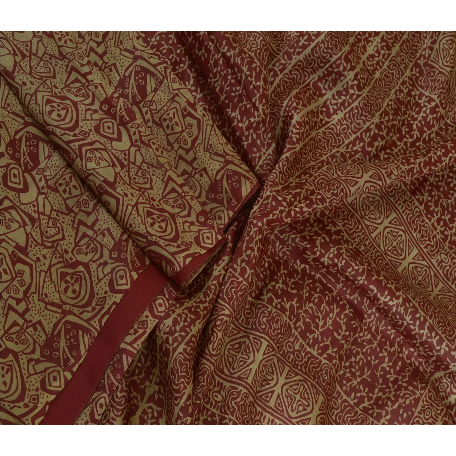 Sanskriti Vintage Sarees From India Cream/Red Pure Silk Print Sari Craft Fabric