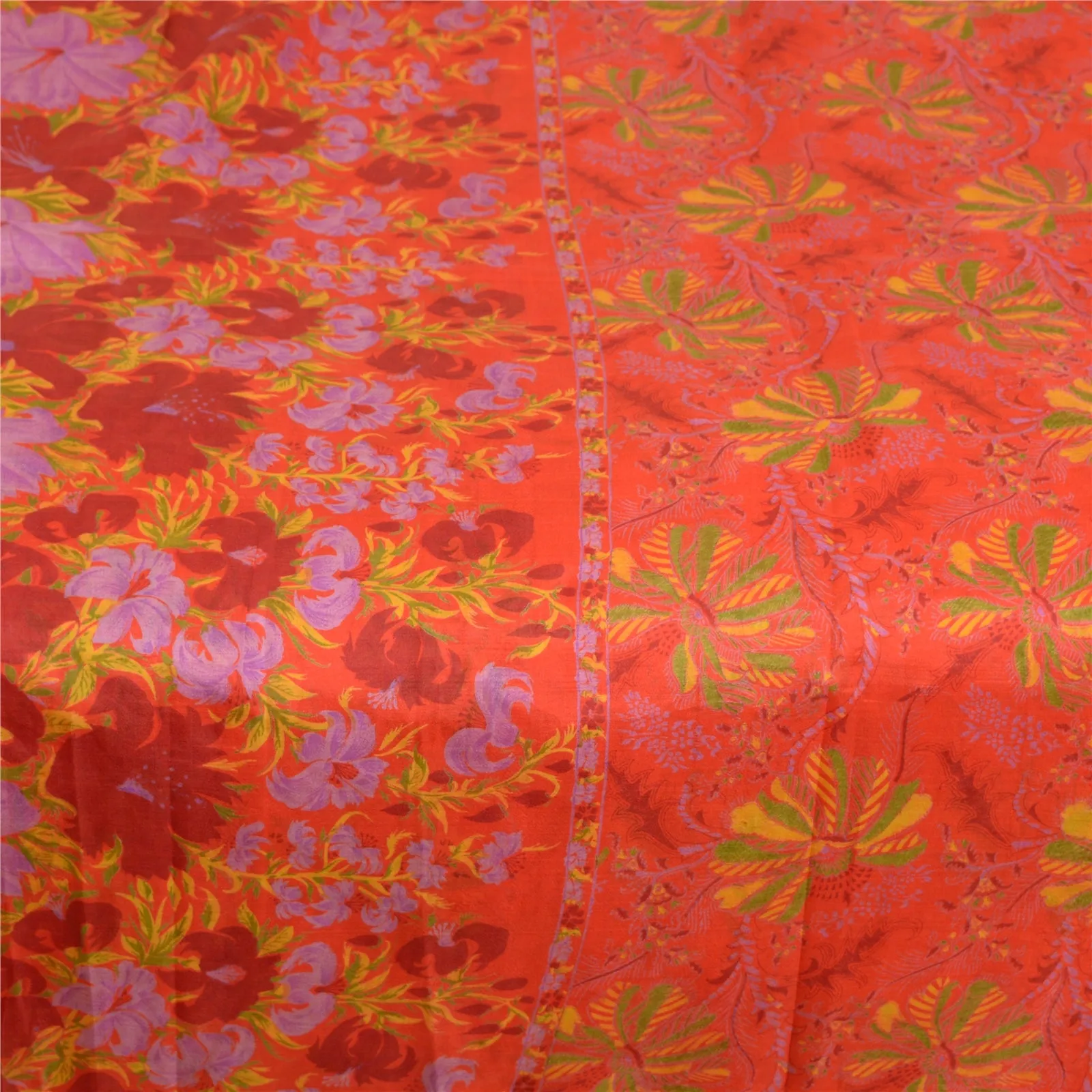 Sanskriti Vintage Sarees From India Red Pure Silk Printed Sari 5YD Craft Fabric