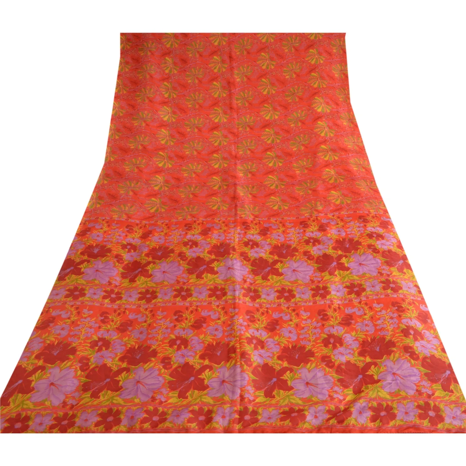 Sanskriti Vintage Sarees From India Red Pure Silk Printed Sari 5YD Craft Fabric