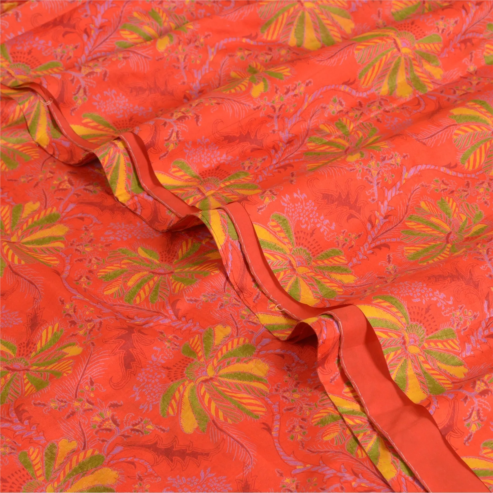 Sanskriti Vintage Sarees From India Red Pure Silk Printed Sari 5YD Craft Fabric