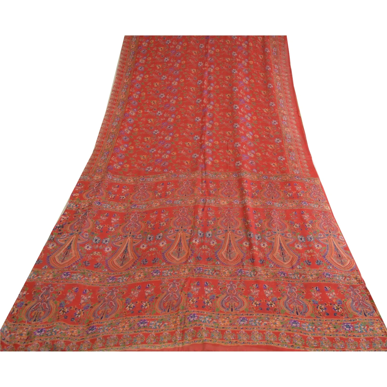 Sanskriti Vintage Sarees From India Red Pure Silk Printed Sari Soft Craft Fabric