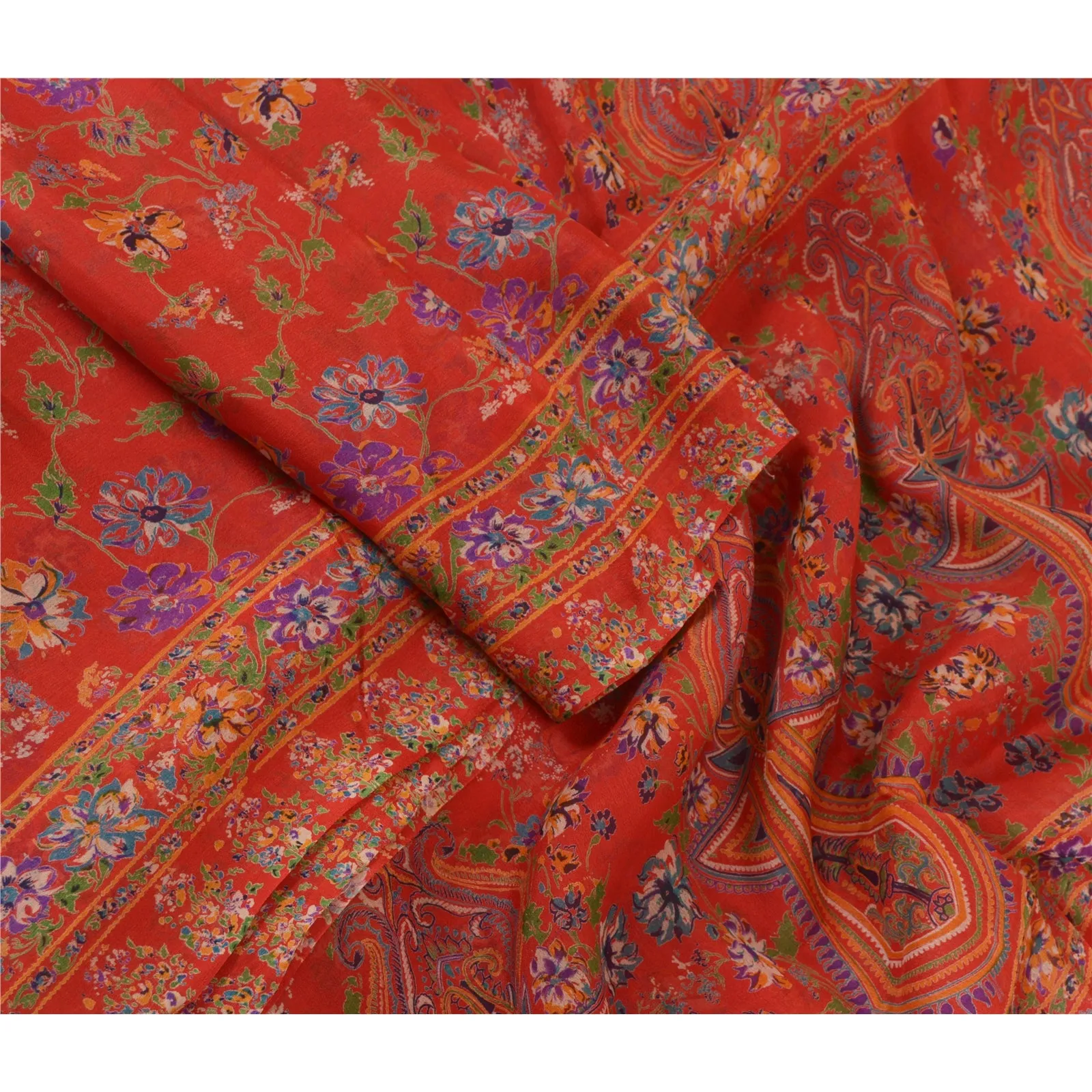 Sanskriti Vintage Sarees From India Red Pure Silk Printed Sari Soft Craft Fabric