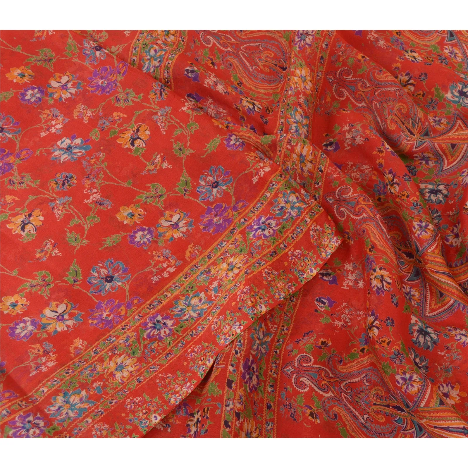 Sanskriti Vintage Sarees From India Red Pure Silk Printed Sari Soft Craft Fabric