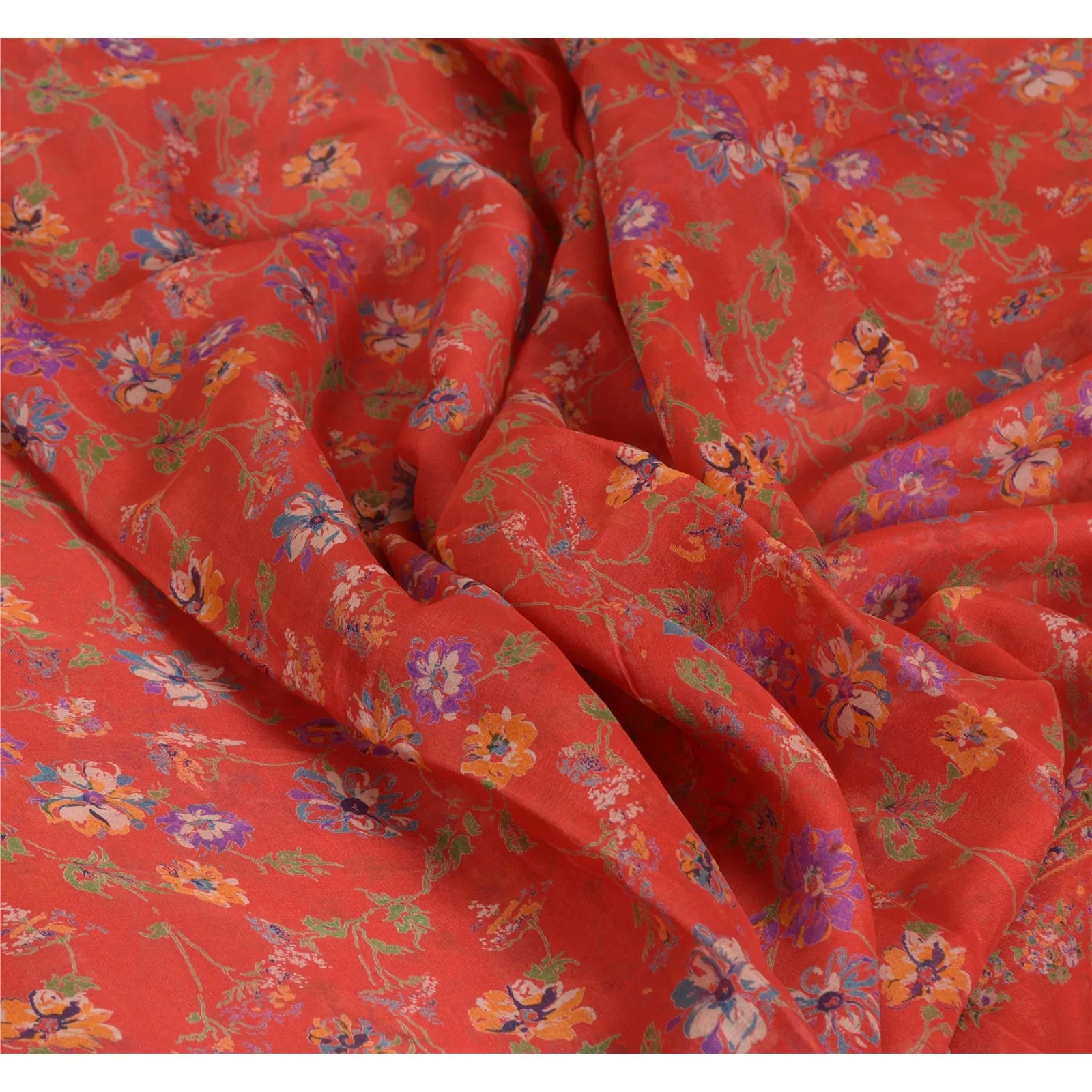 Sanskriti Vintage Sarees From India Red Pure Silk Printed Sari Soft Craft Fabric