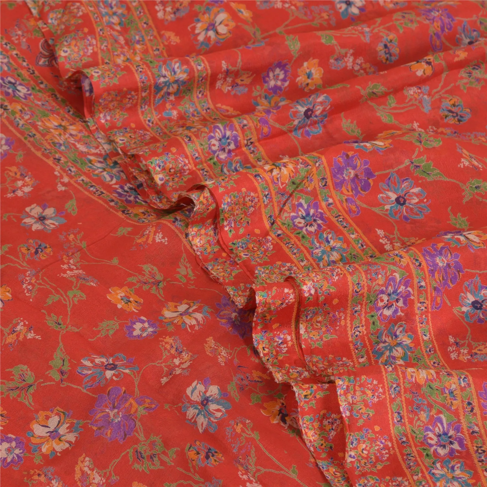 Sanskriti Vintage Sarees From India Red Pure Silk Printed Sari Soft Craft Fabric