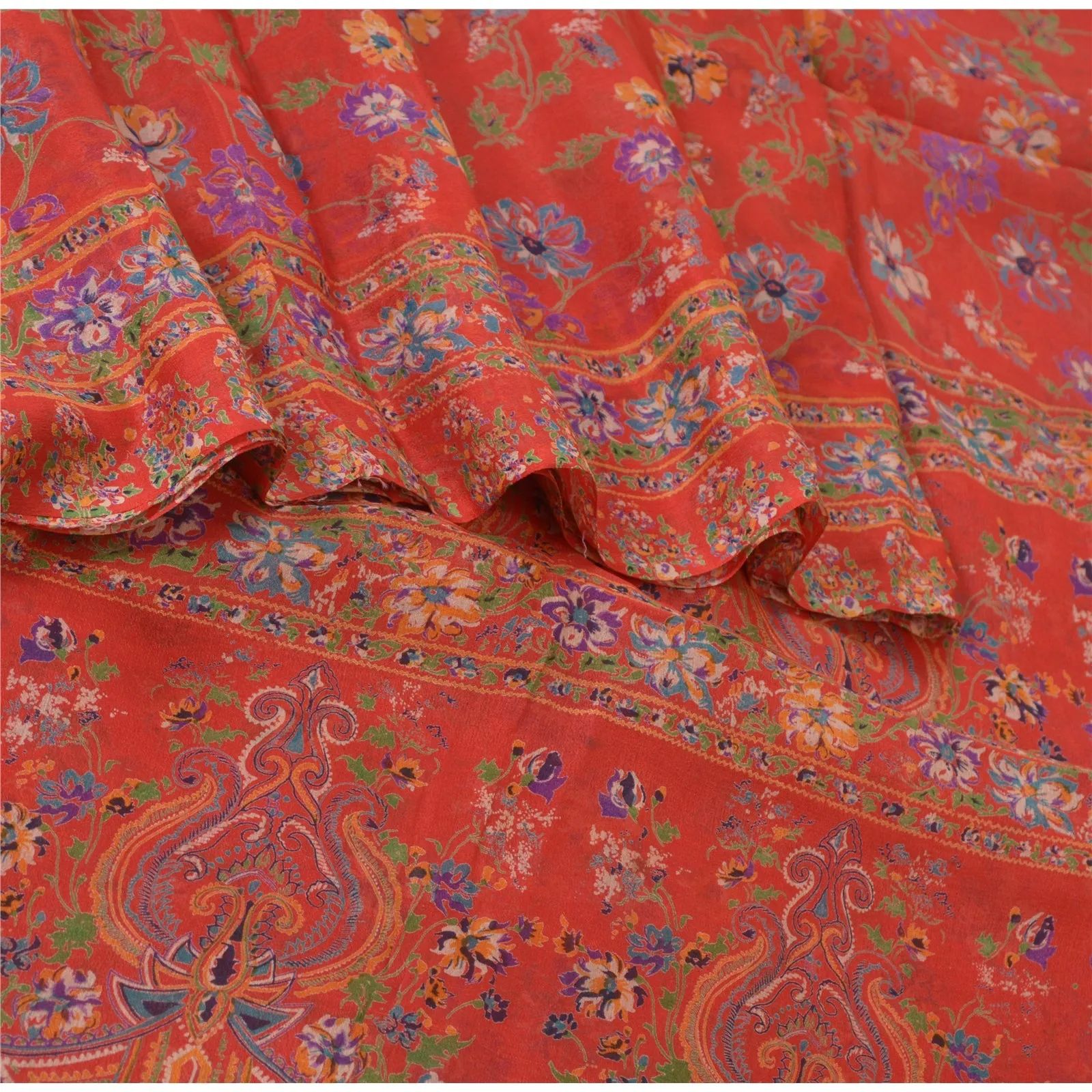 Sanskriti Vintage Sarees From India Red Pure Silk Printed Sari Soft Craft Fabric