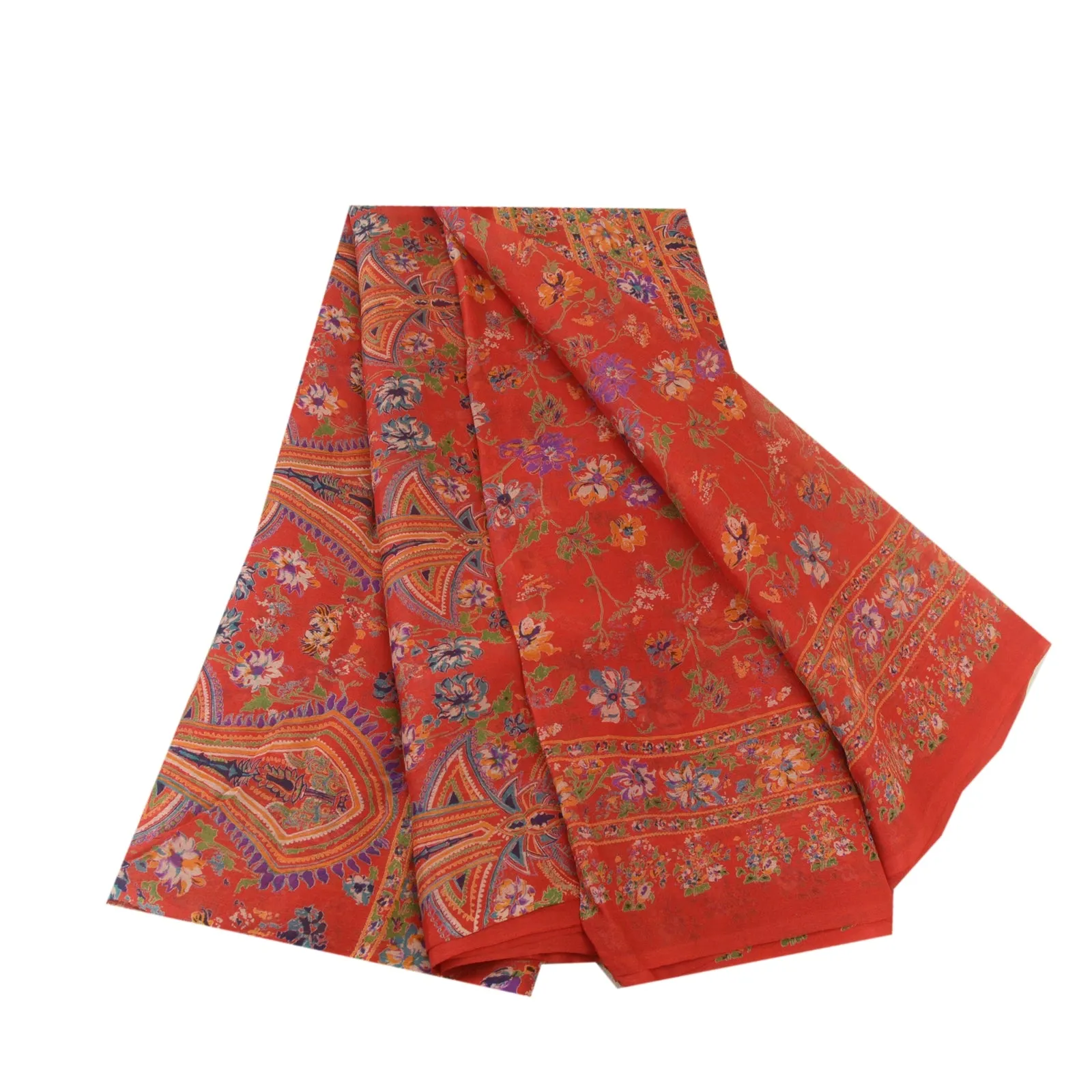 Sanskriti Vintage Sarees From India Red Pure Silk Printed Sari Soft Craft Fabric