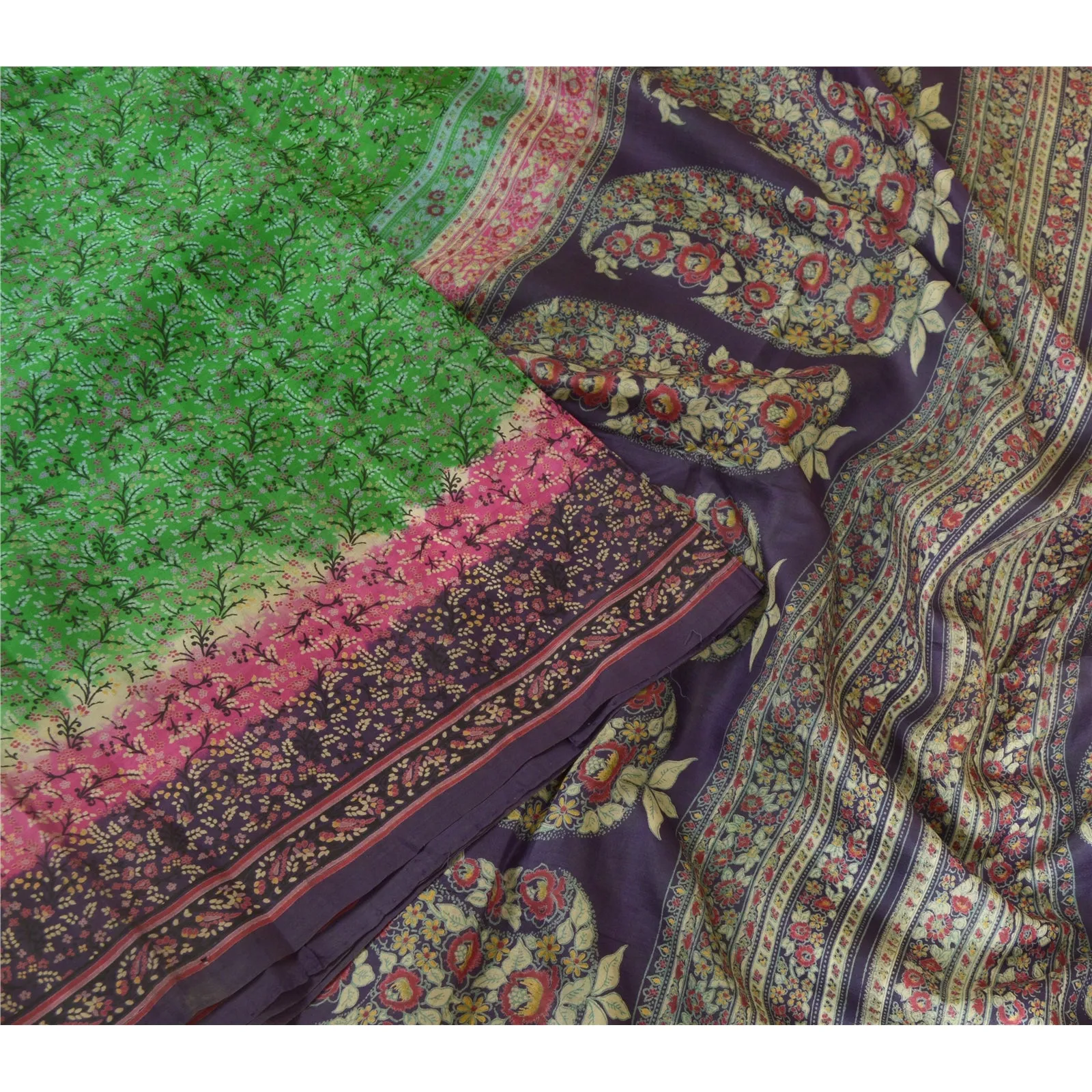 Sanskriti Vintage Sarees Green/Purple Pure Silk Printed Sari 6yd Craft Fabric