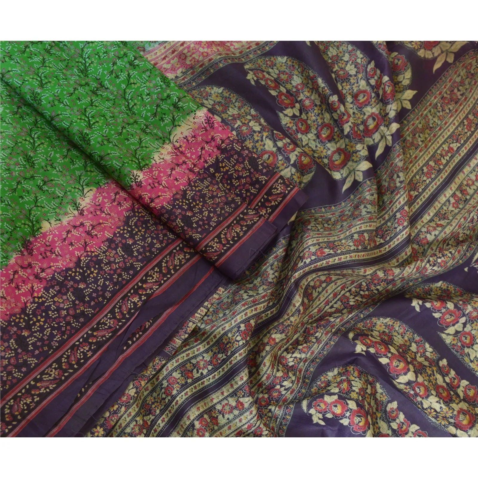 Sanskriti Vintage Sarees Green/Purple Pure Silk Printed Sari 6yd Craft Fabric