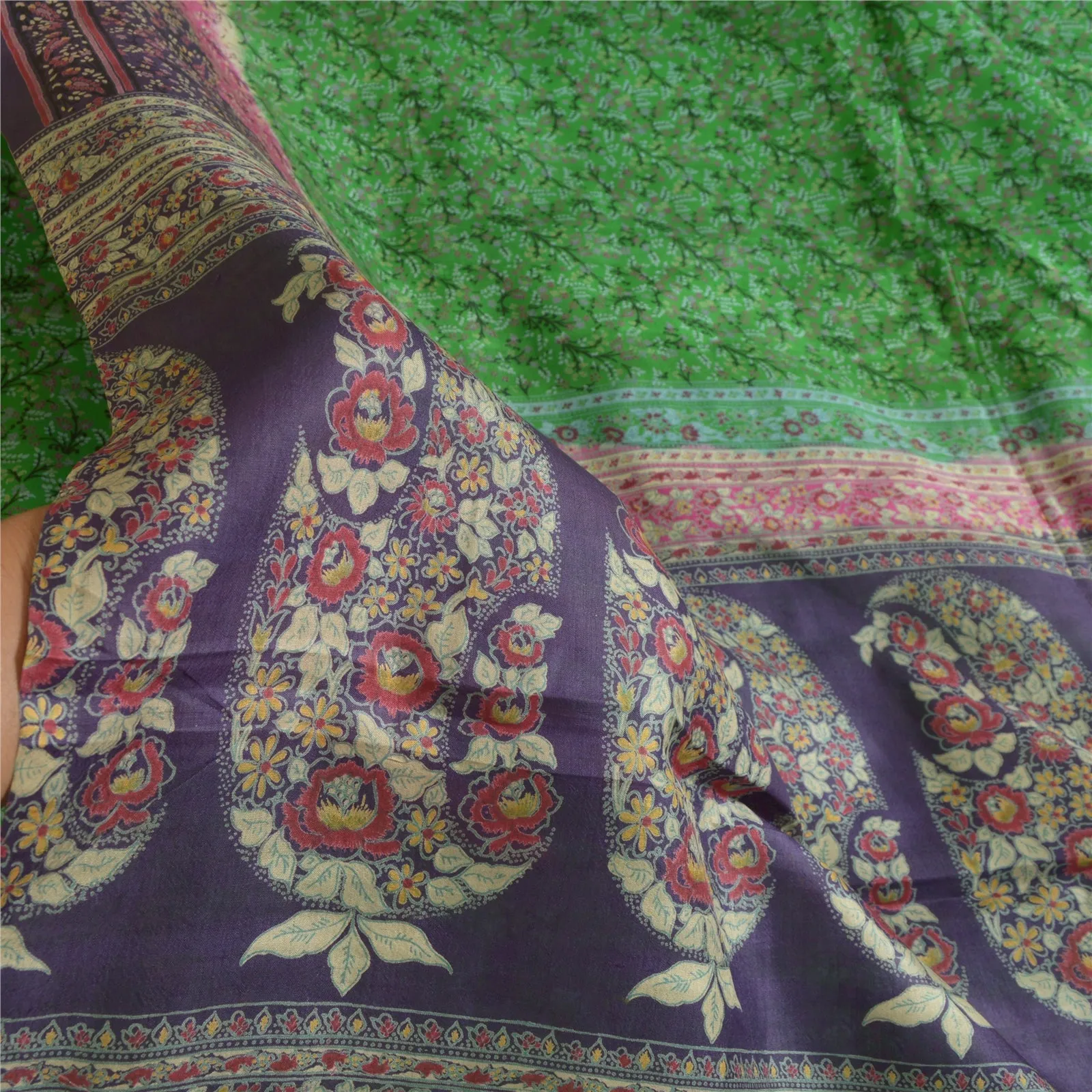 Sanskriti Vintage Sarees Green/Purple Pure Silk Printed Sari 6yd Craft Fabric