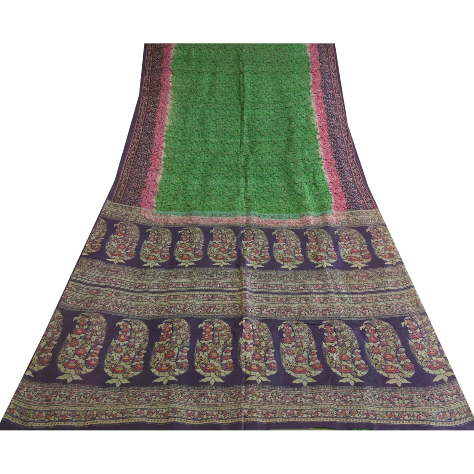 Sanskriti Vintage Sarees Green/Purple Pure Silk Printed Sari 6yd Craft Fabric