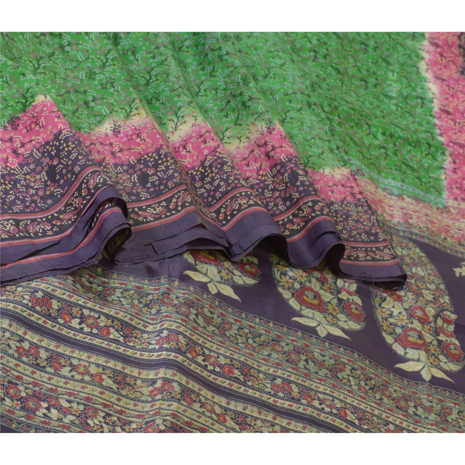 Sanskriti Vintage Sarees Green/Purple Pure Silk Printed Sari 6yd Craft Fabric