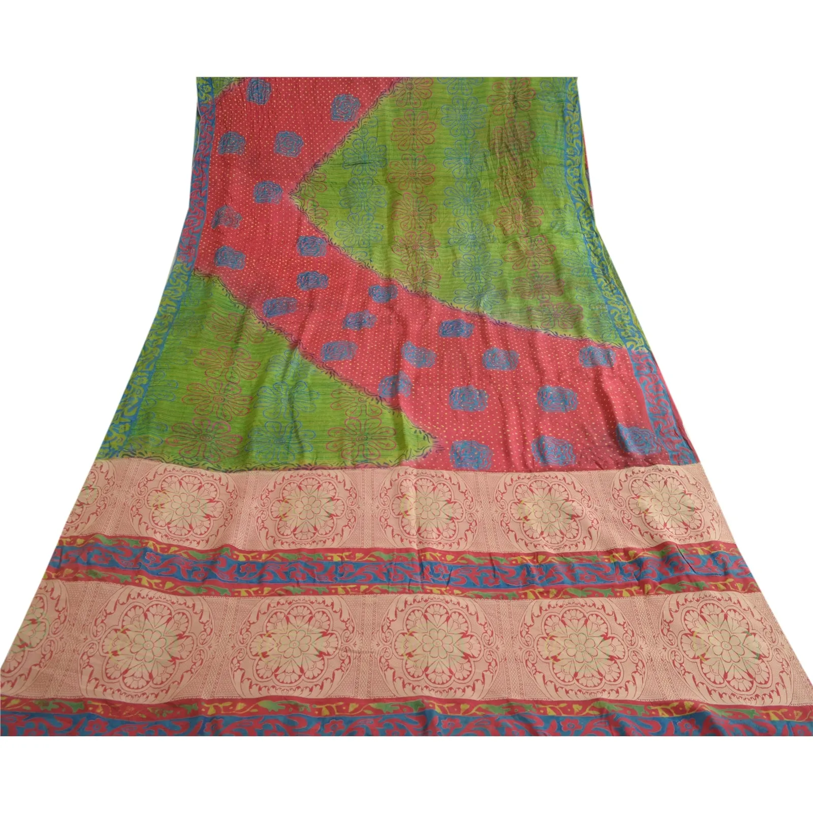 Sanskriti Vintage Sarees Green/Red Pure Silk Printed Woven Sari 5yd Craft Fabric