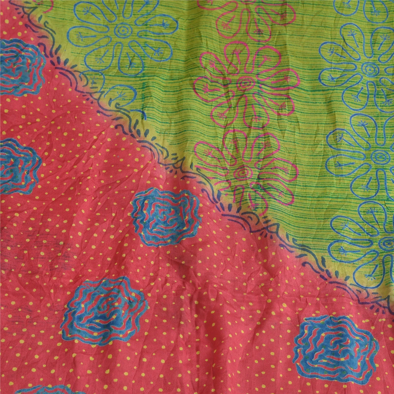 Sanskriti Vintage Sarees Green/Red Pure Silk Printed Woven Sari 5yd Craft Fabric