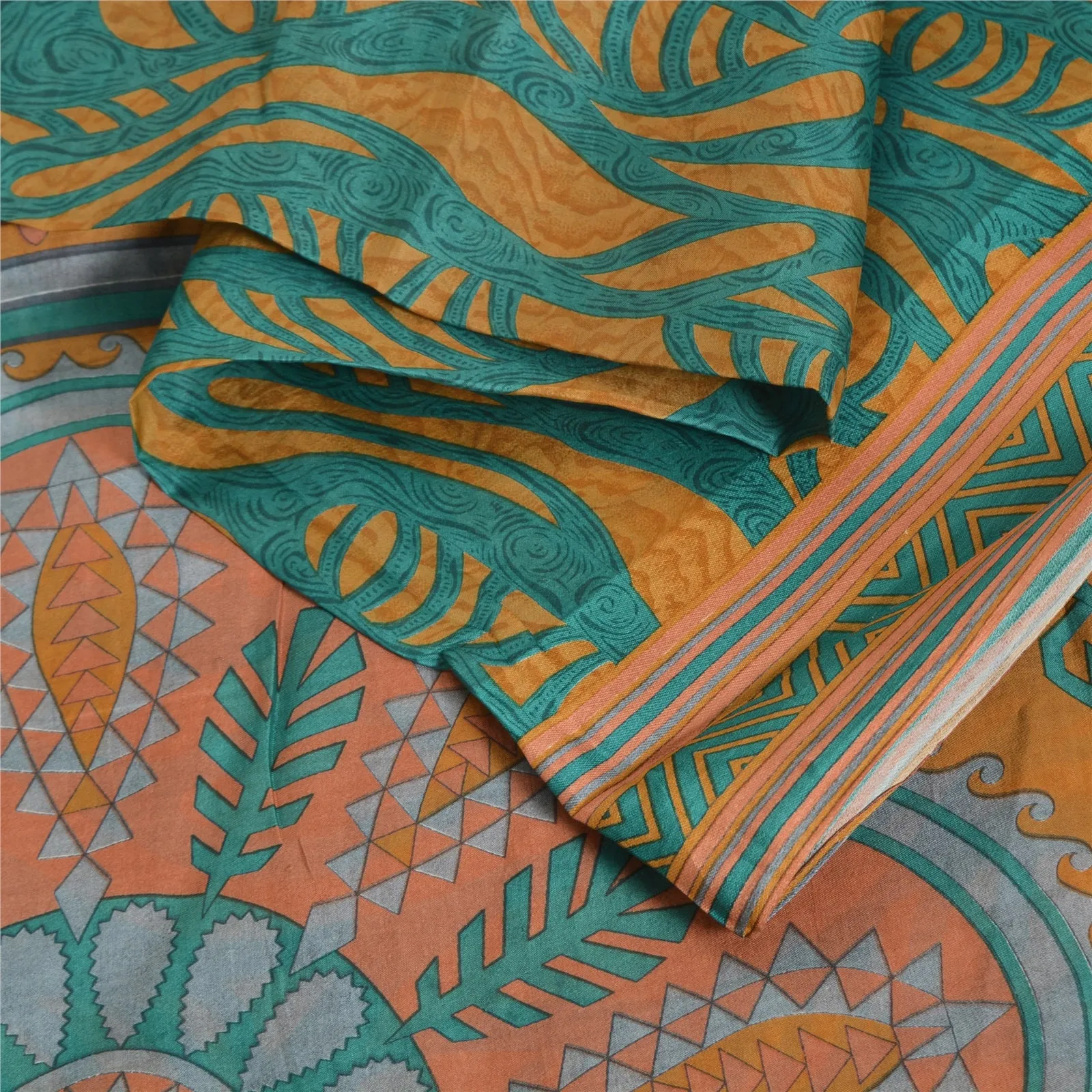 Sanskriti Vintage Sarees Green/Yellow Pure Silk Printed Sari 5yd Craft Fabric