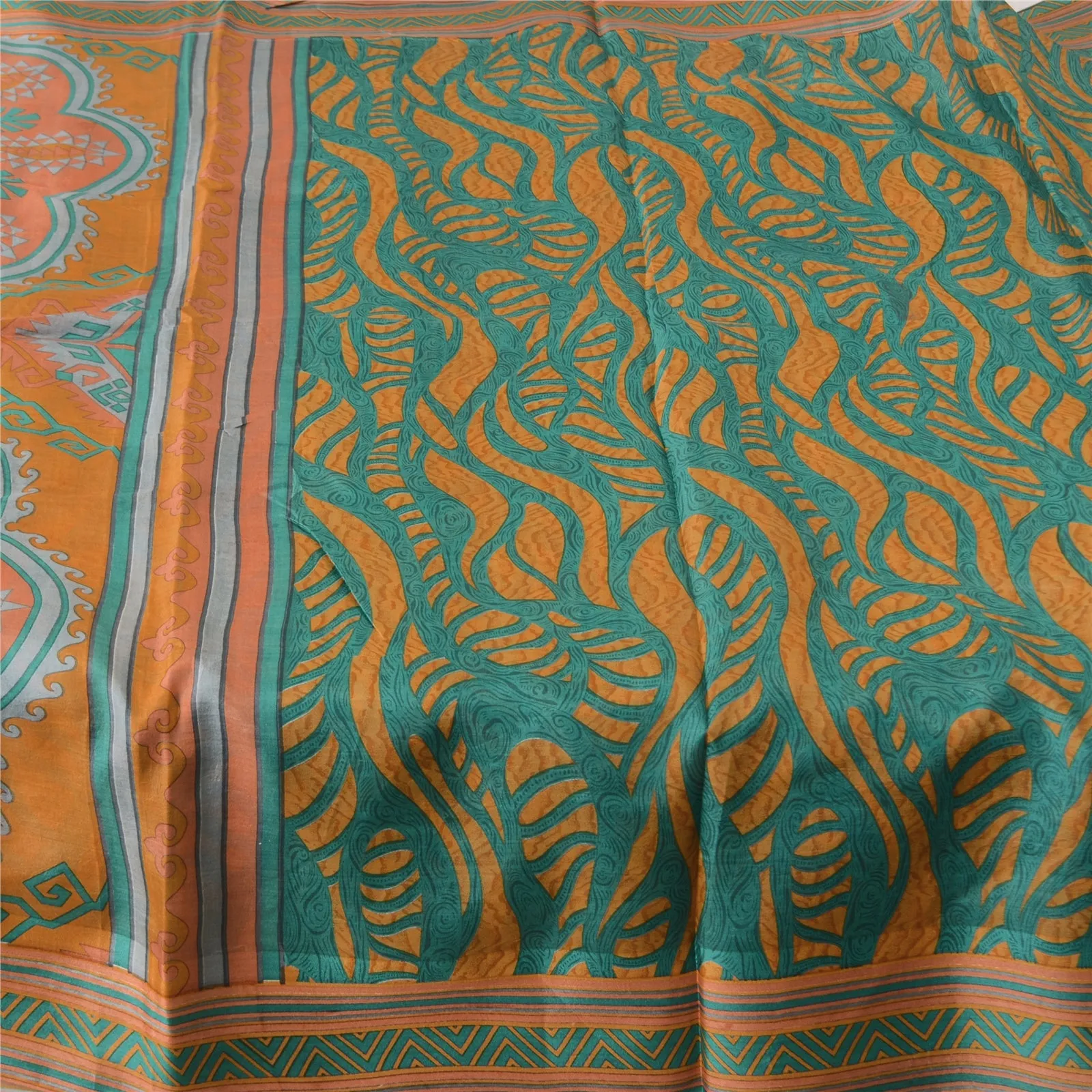 Sanskriti Vintage Sarees Green/Yellow Pure Silk Printed Sari 5yd Craft Fabric