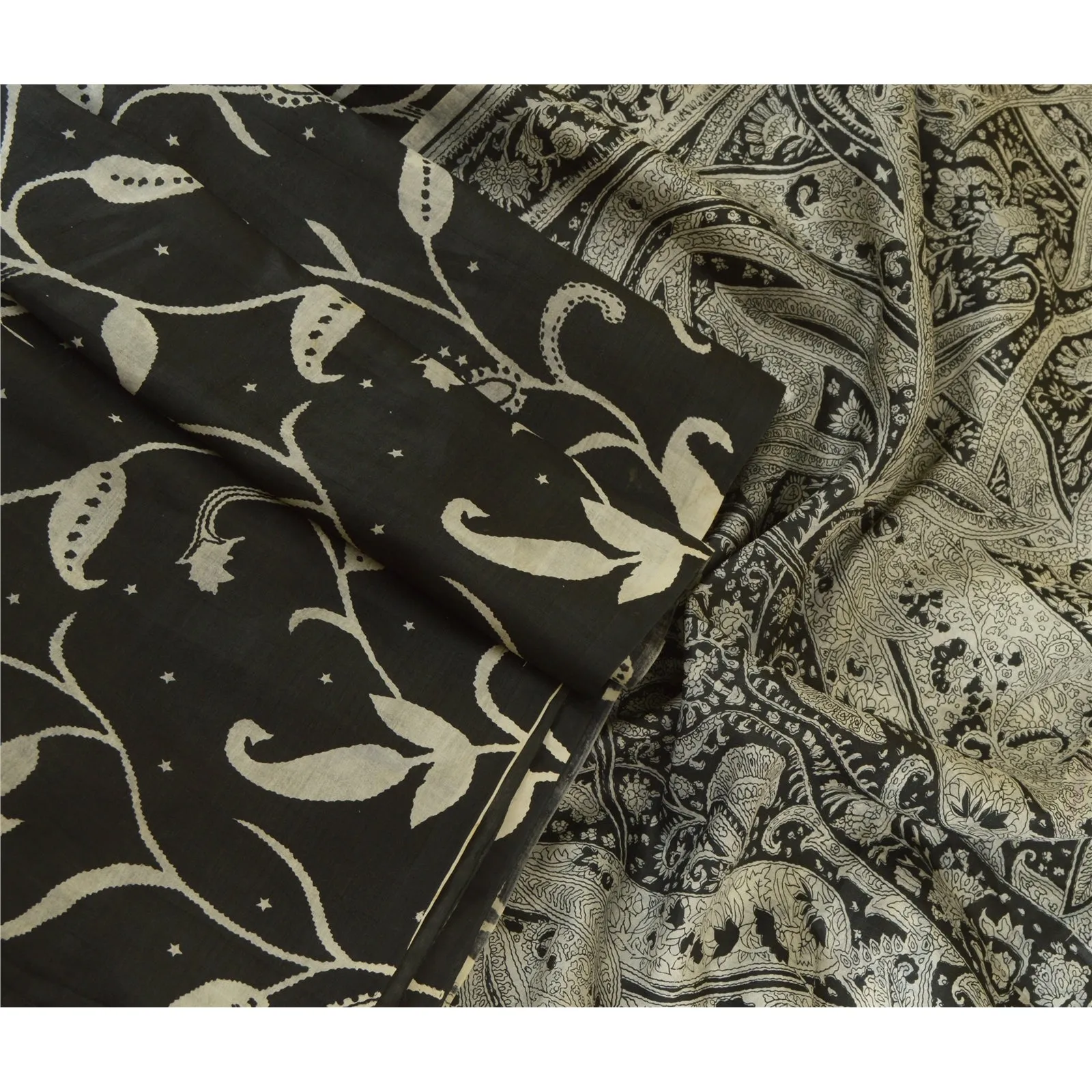 Sanskriti Vintage Sarees Indian Black/Ivory Pure Silk Printed Sari Craft Fabric