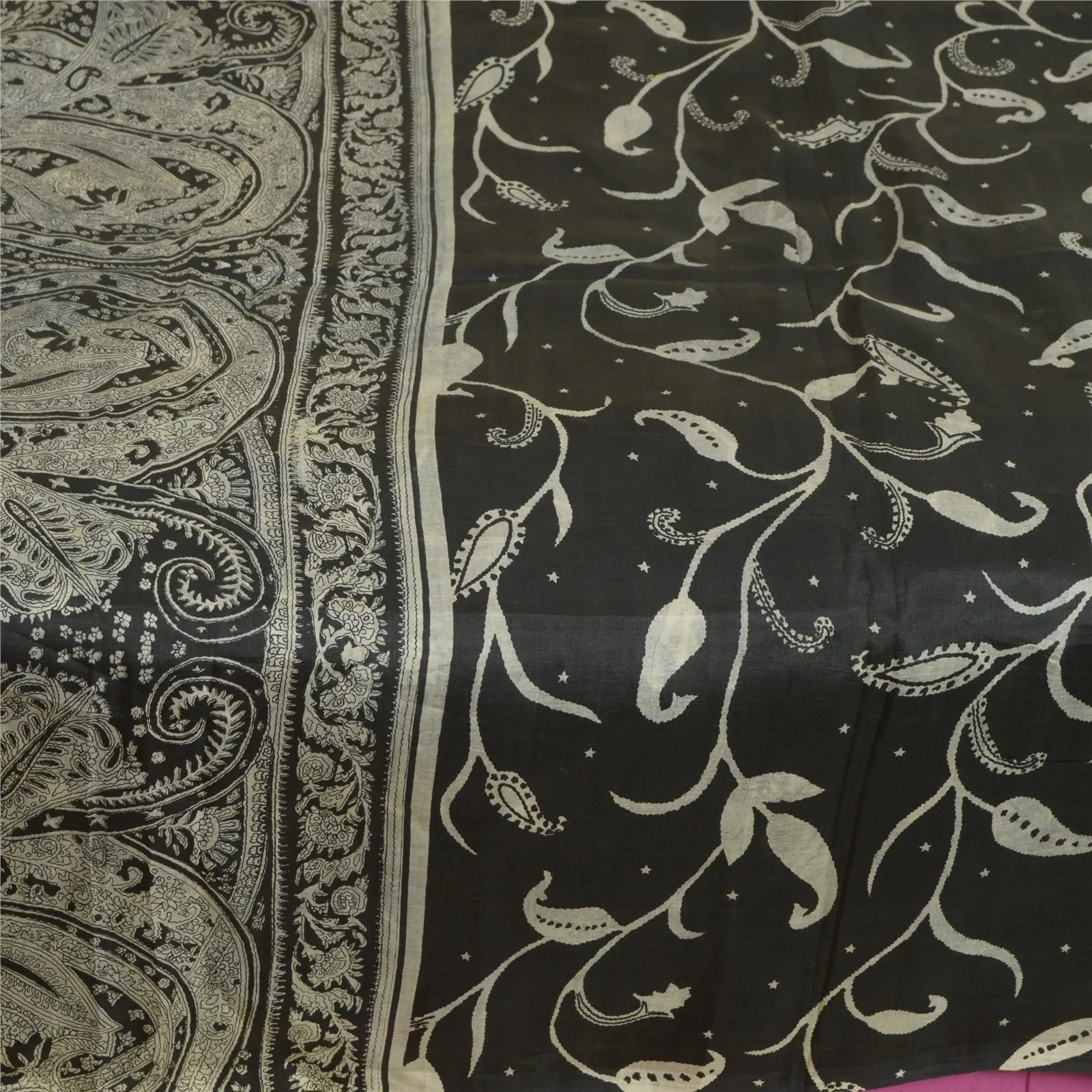 Sanskriti Vintage Sarees Indian Black/Ivory Pure Silk Printed Sari Craft Fabric