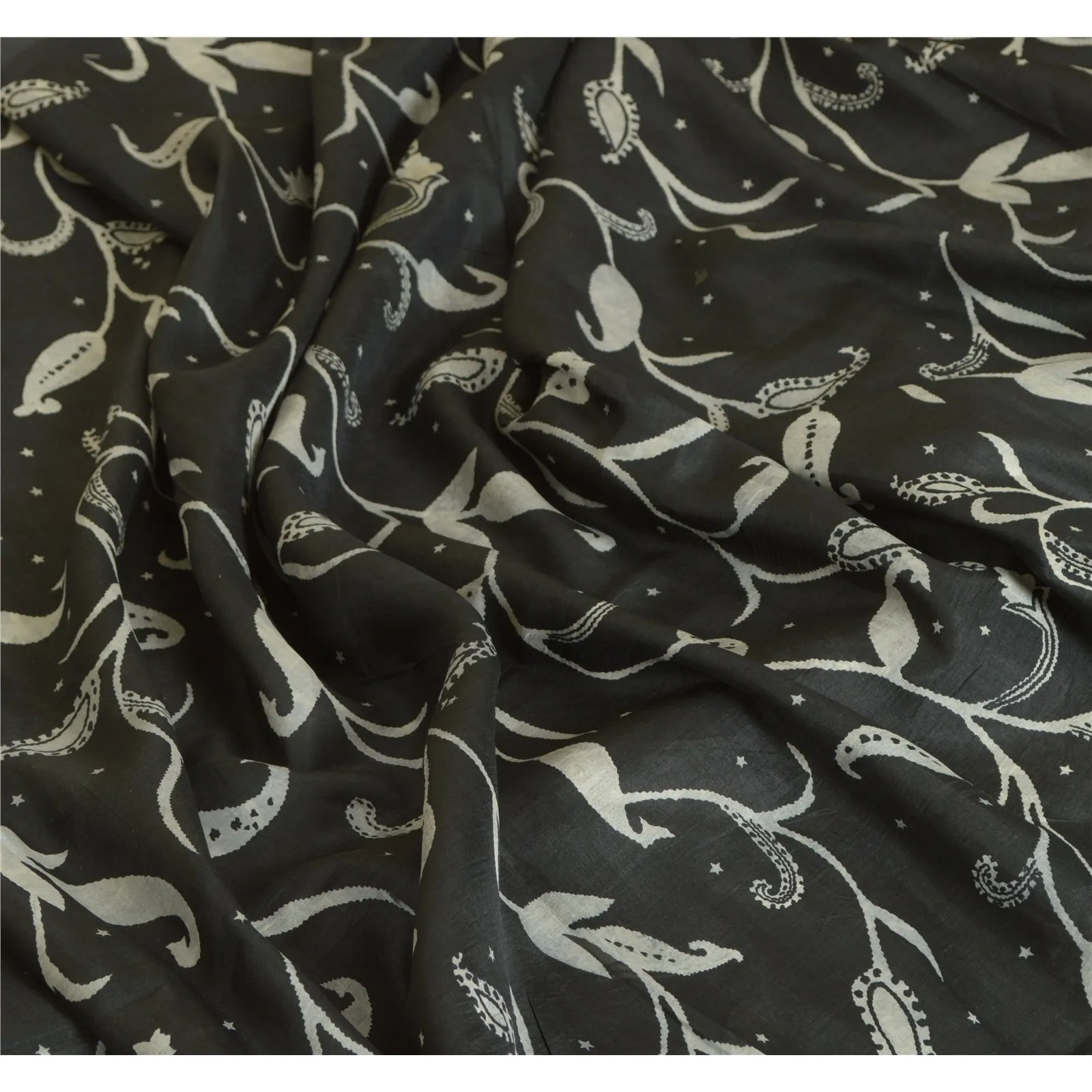 Sanskriti Vintage Sarees Indian Black/Ivory Pure Silk Printed Sari Craft Fabric