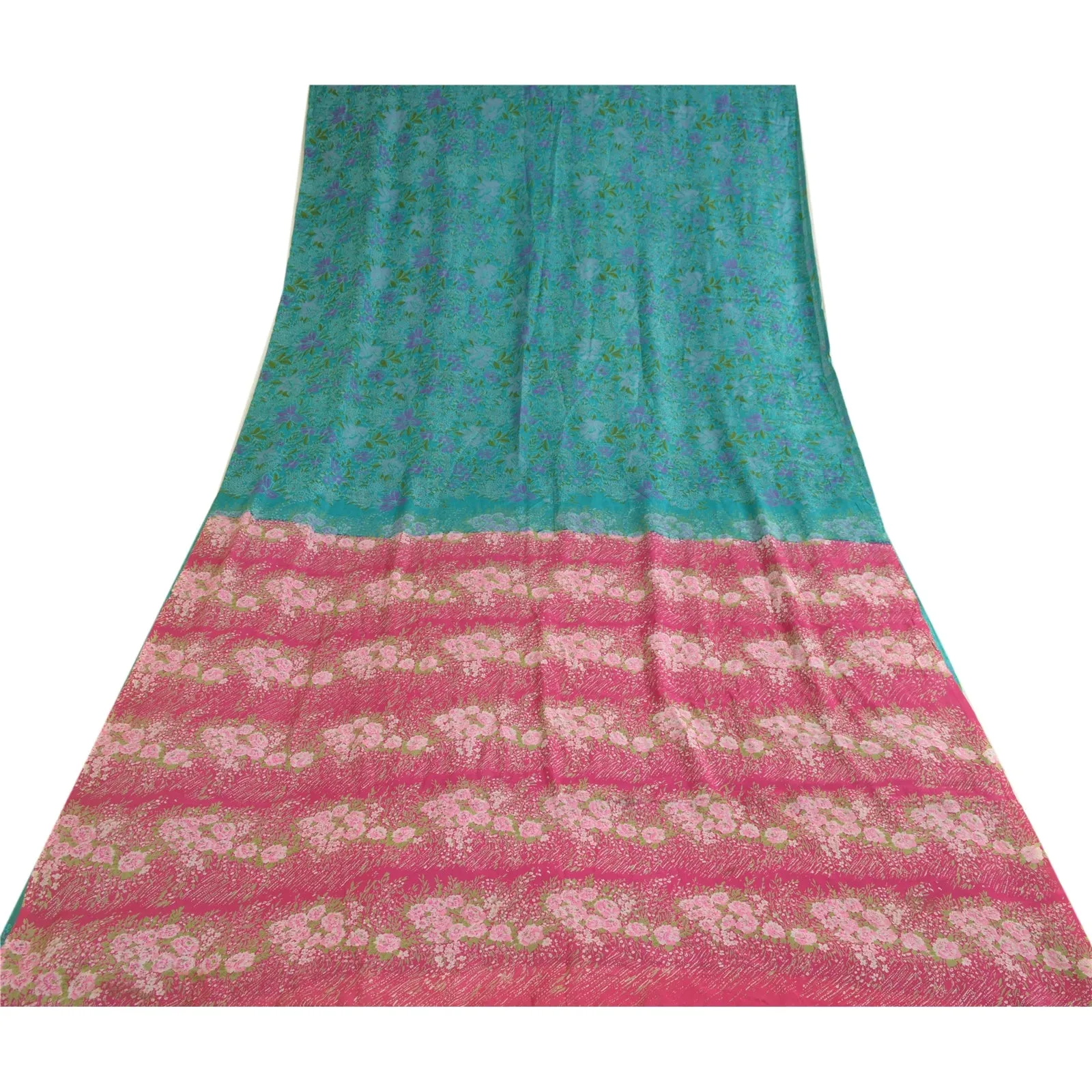 Sanskriti Vintage Sarees Indian Blue/Pink Printed Pure Silk Sari Craft Fabric