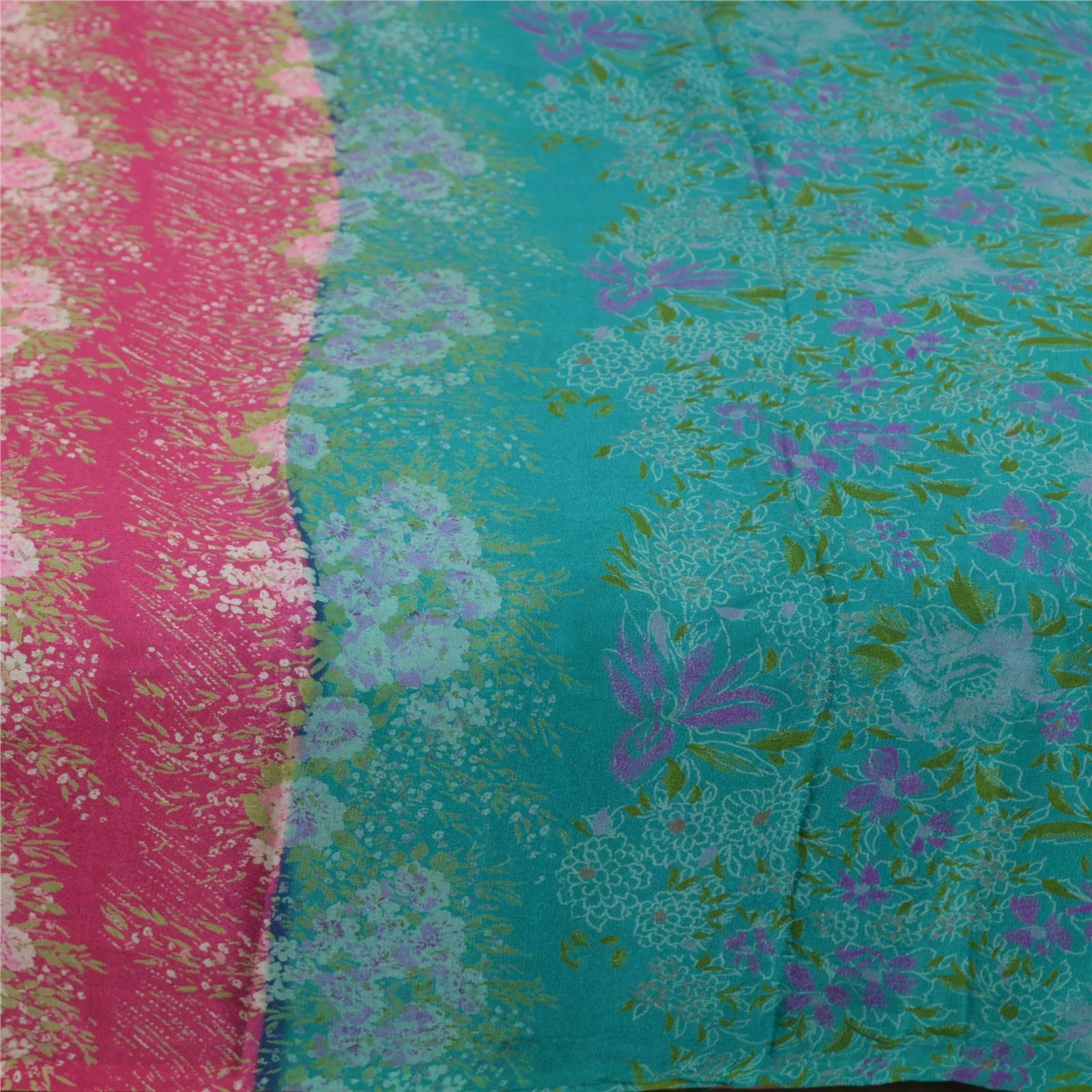 Sanskriti Vintage Sarees Indian Blue/Pink Printed Pure Silk Sari Craft Fabric