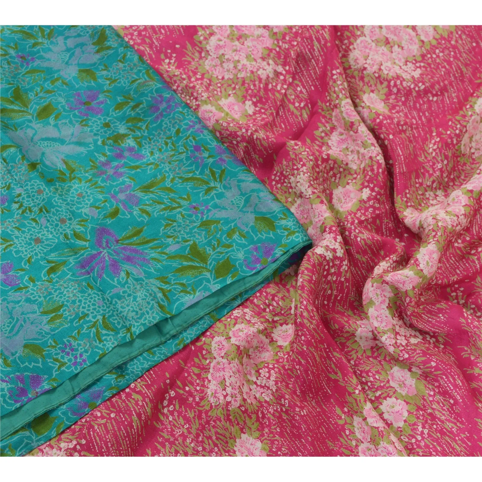 Sanskriti Vintage Sarees Indian Blue/Pink Printed Pure Silk Sari Craft Fabric