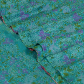 Sanskriti Vintage Sarees Indian Blue/Pink Printed Pure Silk Sari Craft Fabric