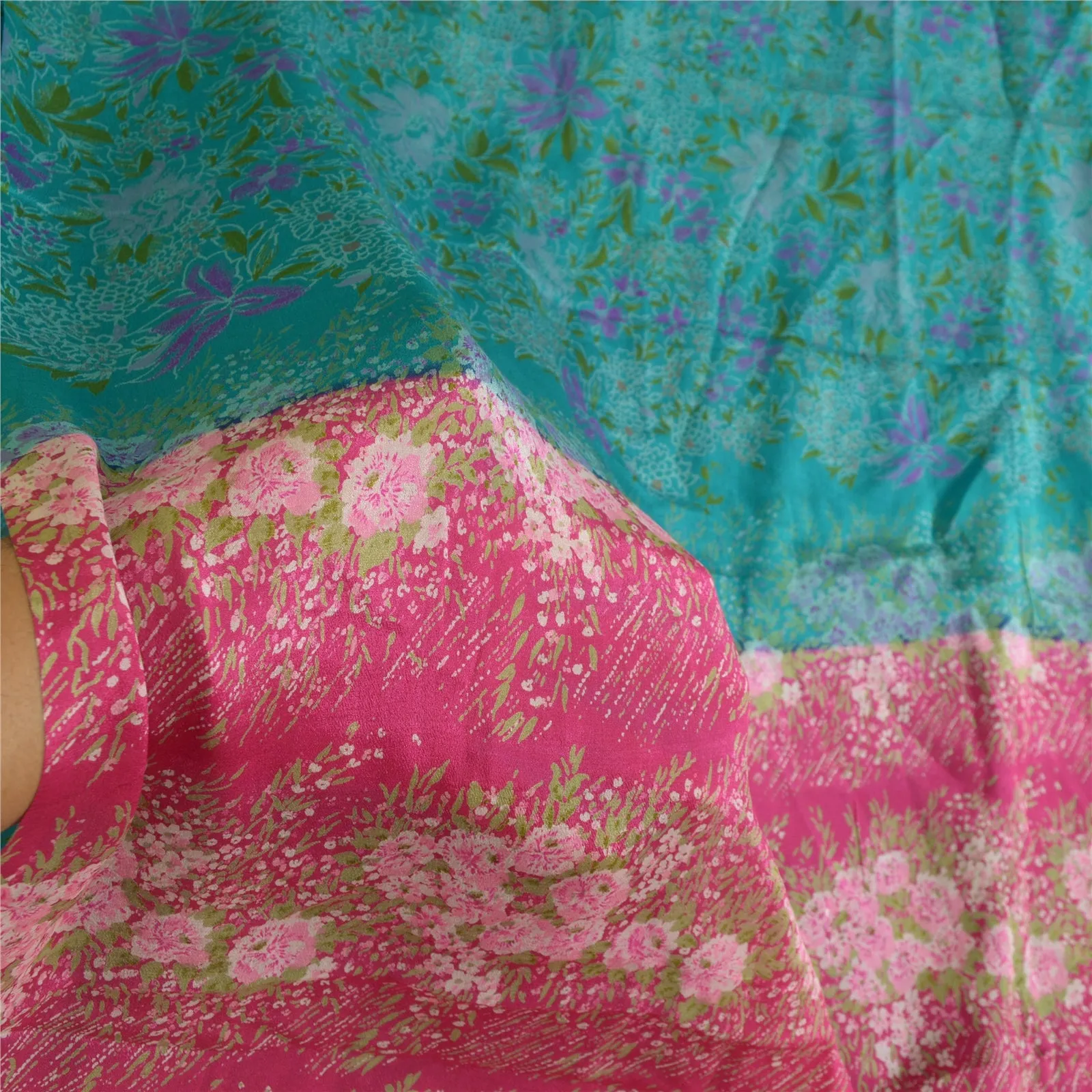 Sanskriti Vintage Sarees Indian Blue/Pink Printed Pure Silk Sari Craft Fabric