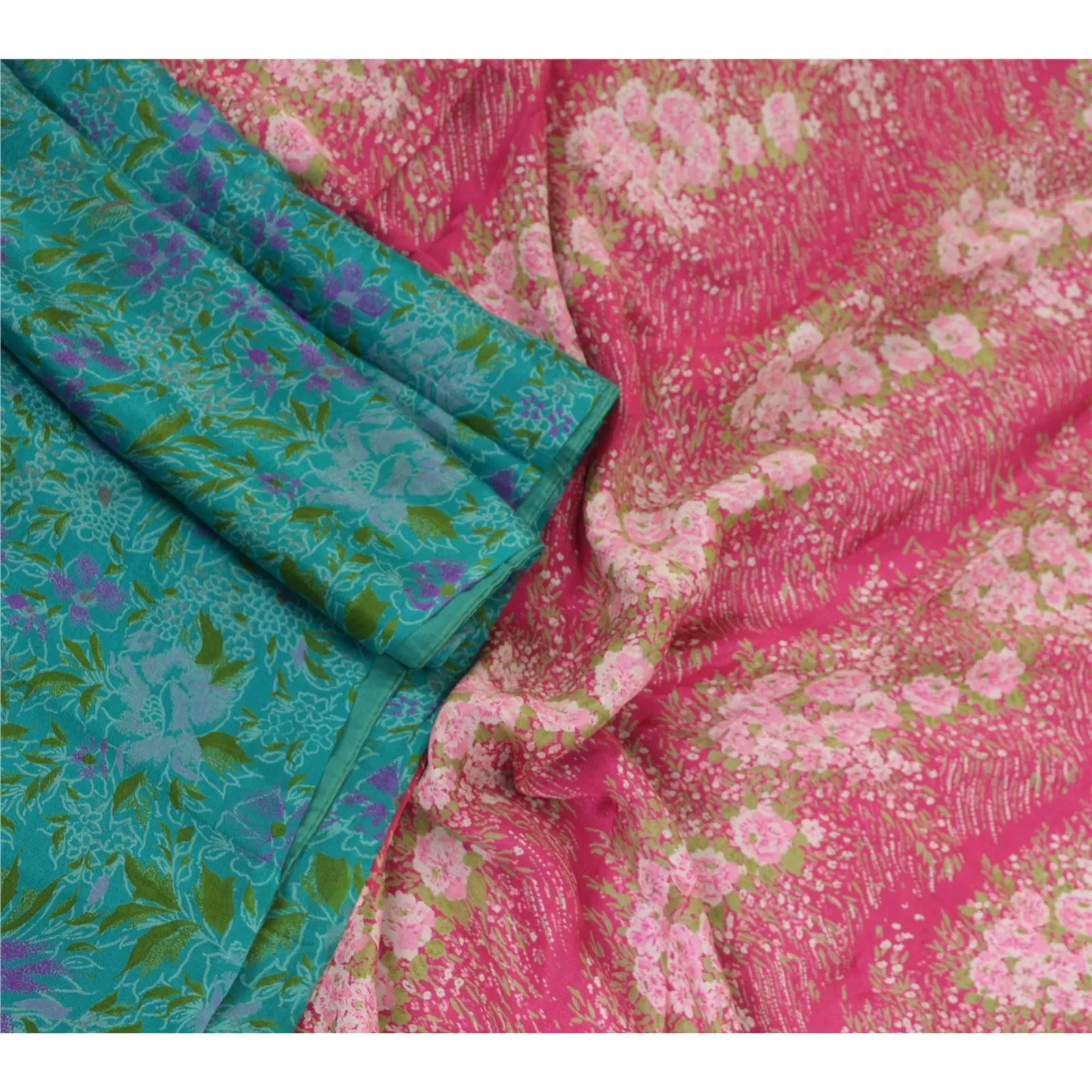 Sanskriti Vintage Sarees Indian Blue/Pink Printed Pure Silk Sari Craft Fabric