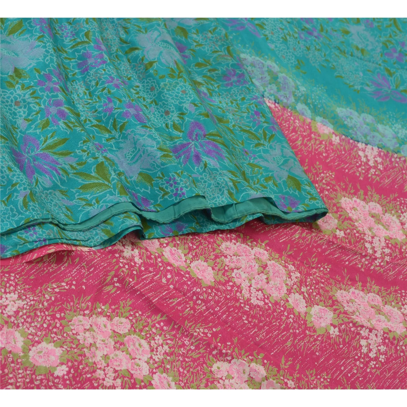 Sanskriti Vintage Sarees Indian Blue/Pink Printed Pure Silk Sari Craft Fabric