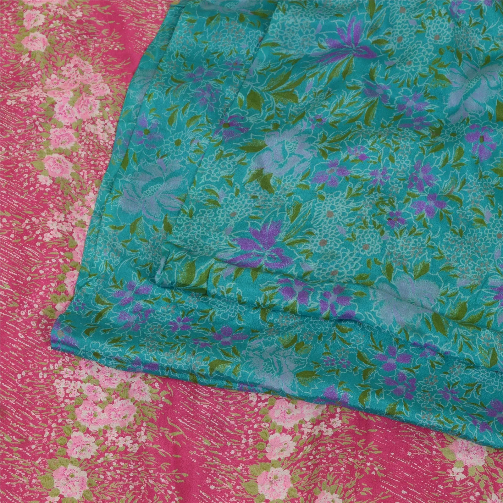 Sanskriti Vintage Sarees Indian Blue/Pink Printed Pure Silk Sari Craft Fabric