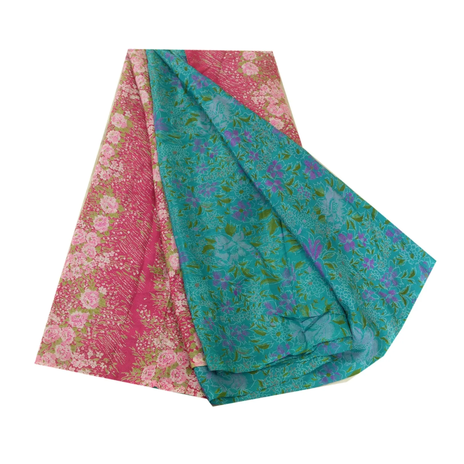 Sanskriti Vintage Sarees Indian Blue/Pink Printed Pure Silk Sari Craft Fabric