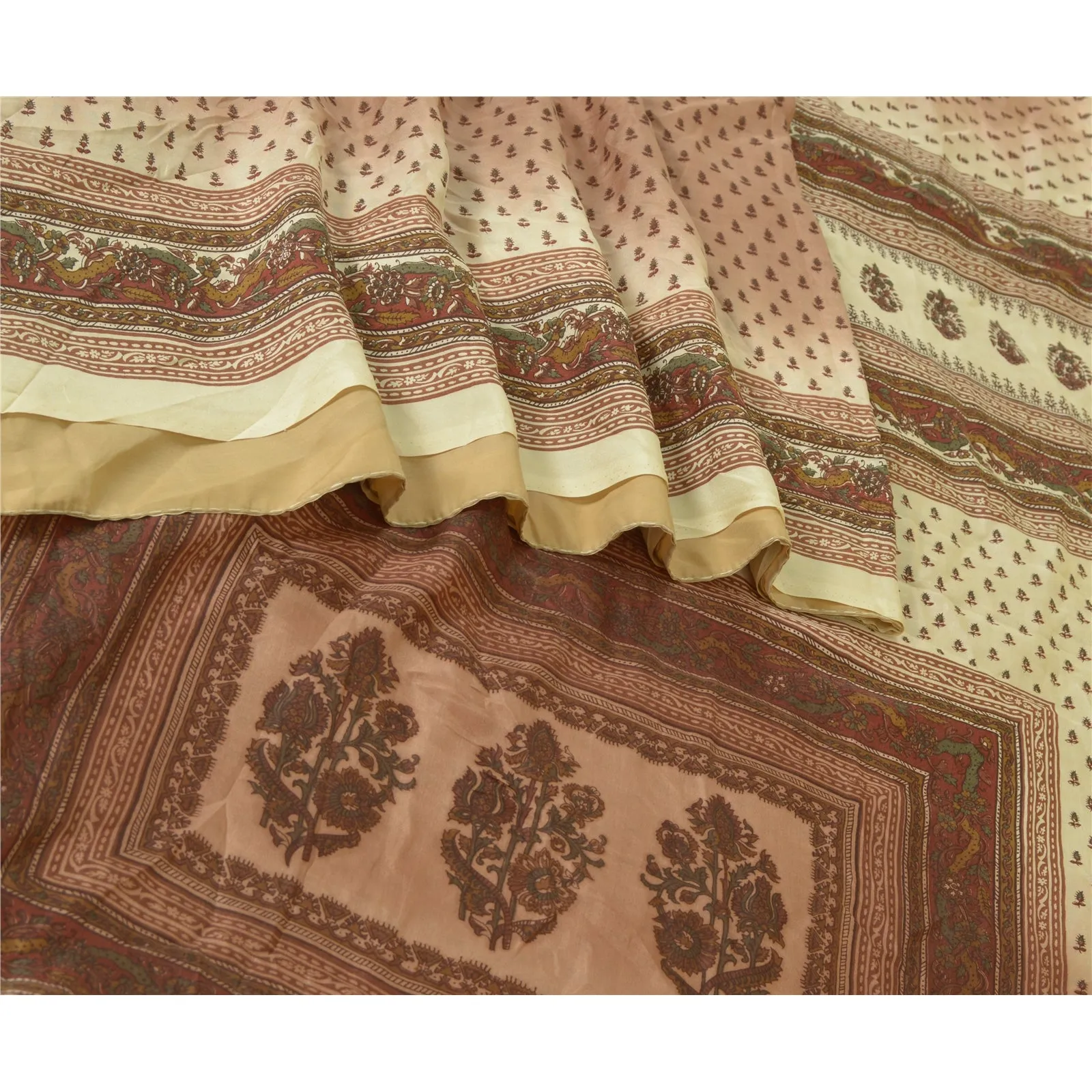 Sanskriti Vintage Sarees Indian Brown 100% Pure Silk Sari Printed Craft Fabric