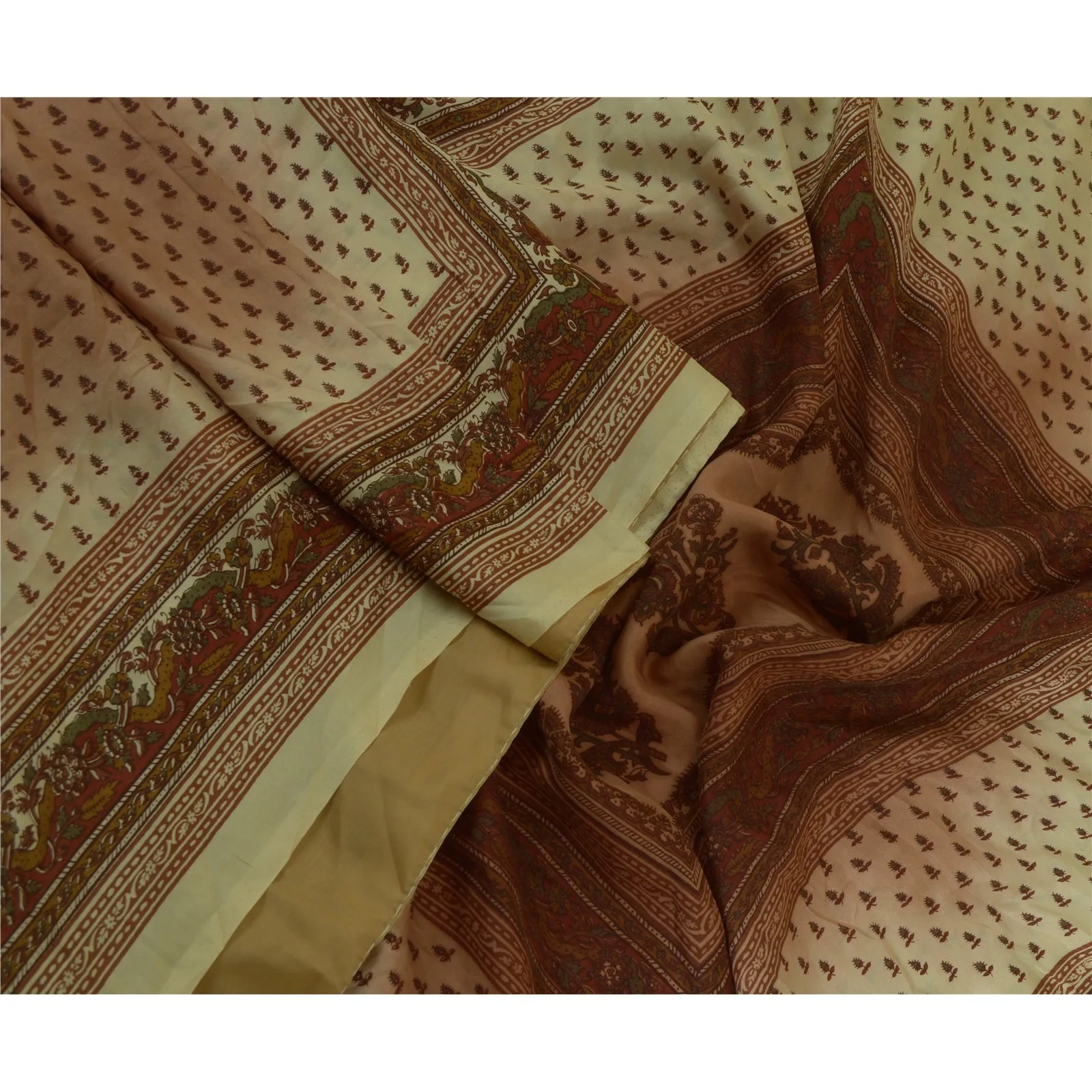 Sanskriti Vintage Sarees Indian Brown 100% Pure Silk Sari Printed Craft Fabric