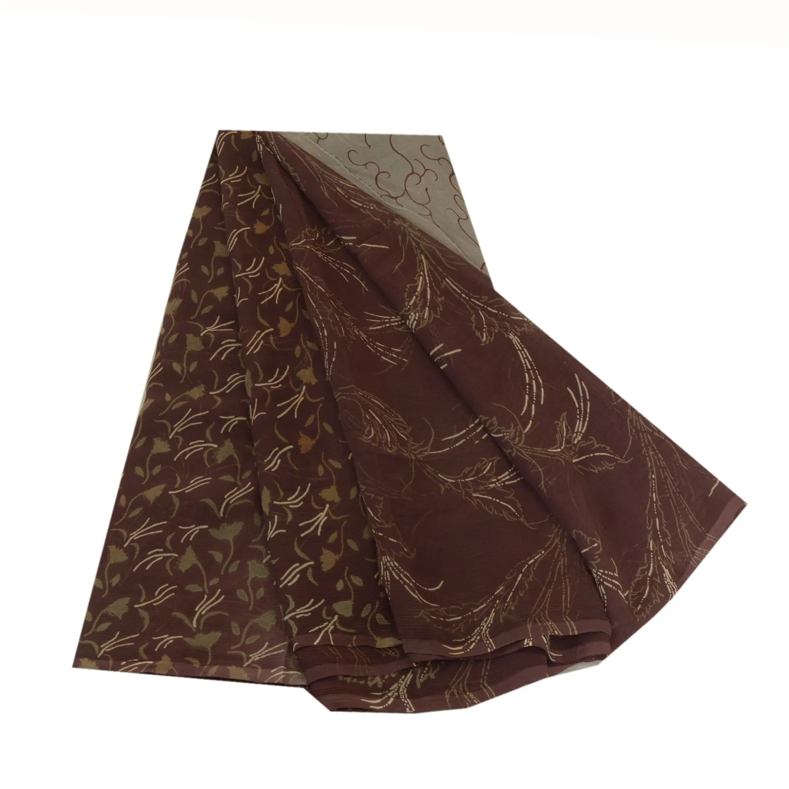 Sanskriti Vintage Sarees Indian Brown Pure Chiffon Silk Print Sari Craft Fabric