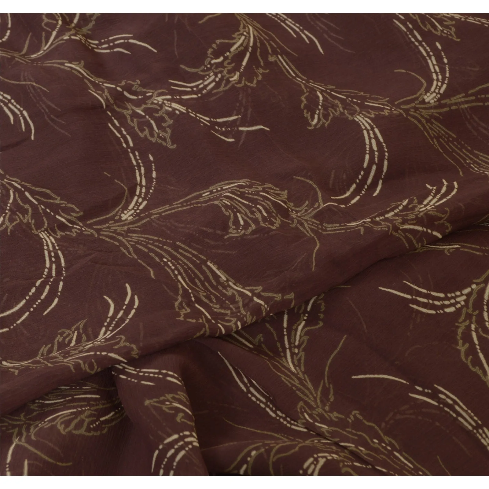 Sanskriti Vintage Sarees Indian Brown Pure Chiffon Silk Print Sari Craft Fabric