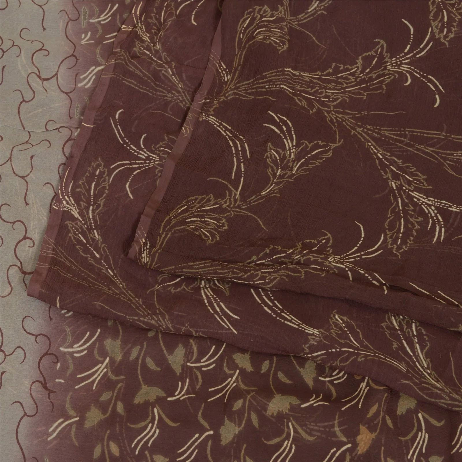 Sanskriti Vintage Sarees Indian Brown Pure Chiffon Silk Print Sari Craft Fabric