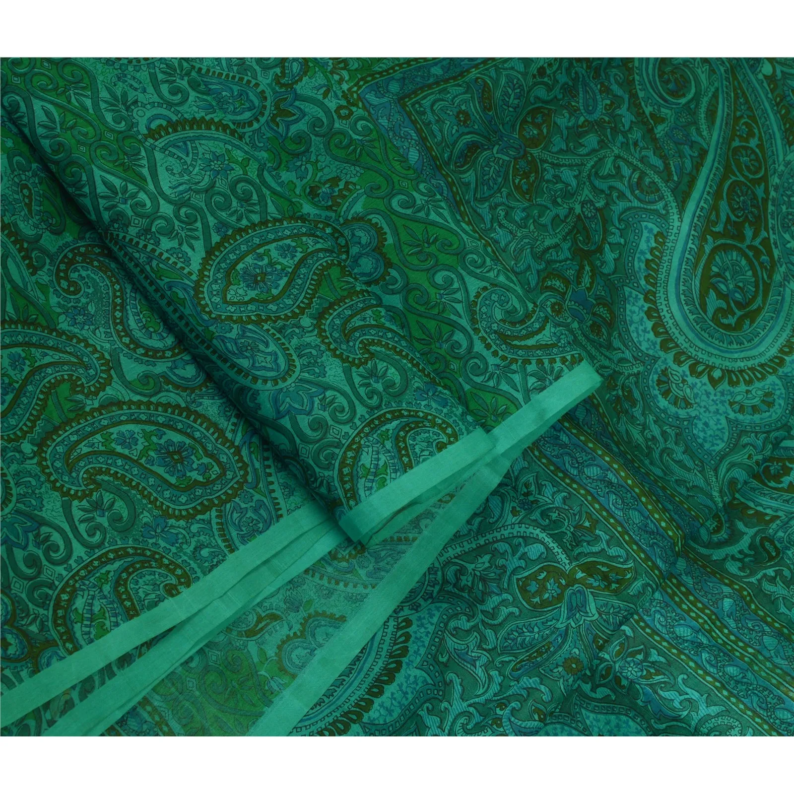 Sanskriti Vintage Sarees Indian Green 100% Pure Silk Printed Sari Craft Fabric