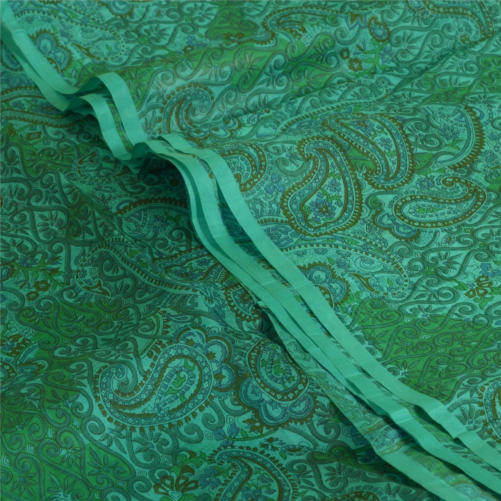 Sanskriti Vintage Sarees Indian Green 100% Pure Silk Printed Sari Craft Fabric