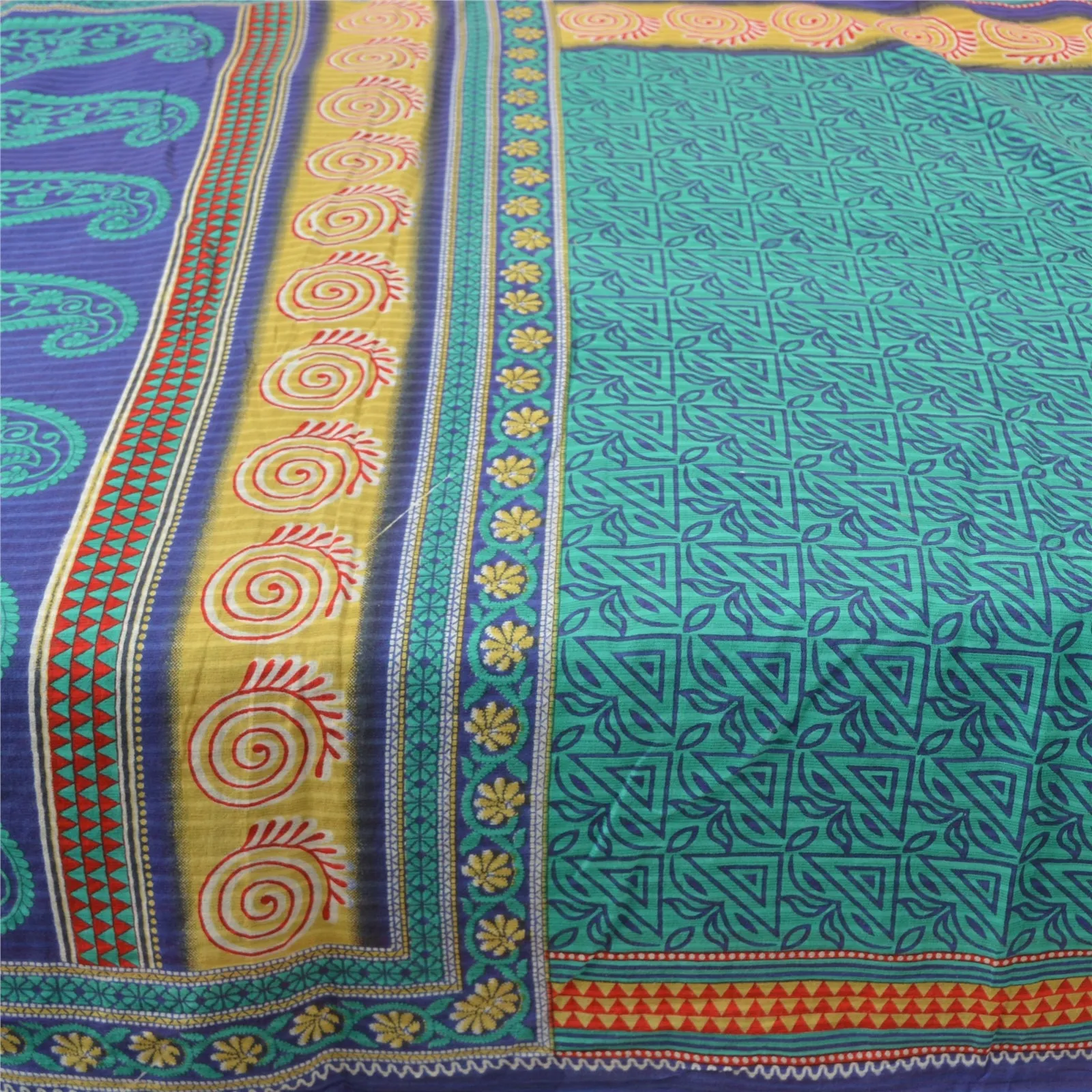 Sanskriti Vintage Sarees Indian Green/Blue Pure Cotton Printed Sari Craft Fabric