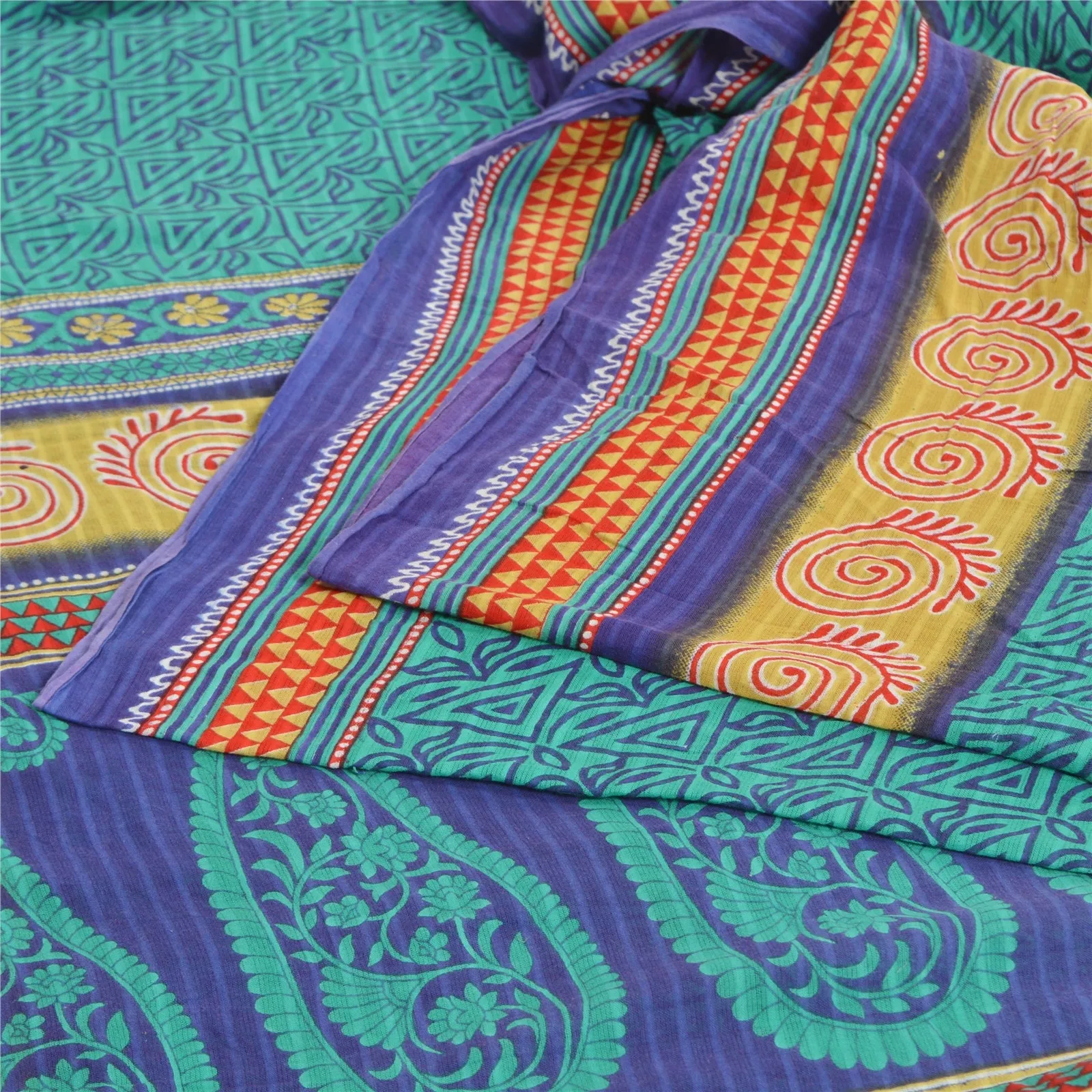 Sanskriti Vintage Sarees Indian Green/Blue Pure Cotton Printed Sari Craft Fabric