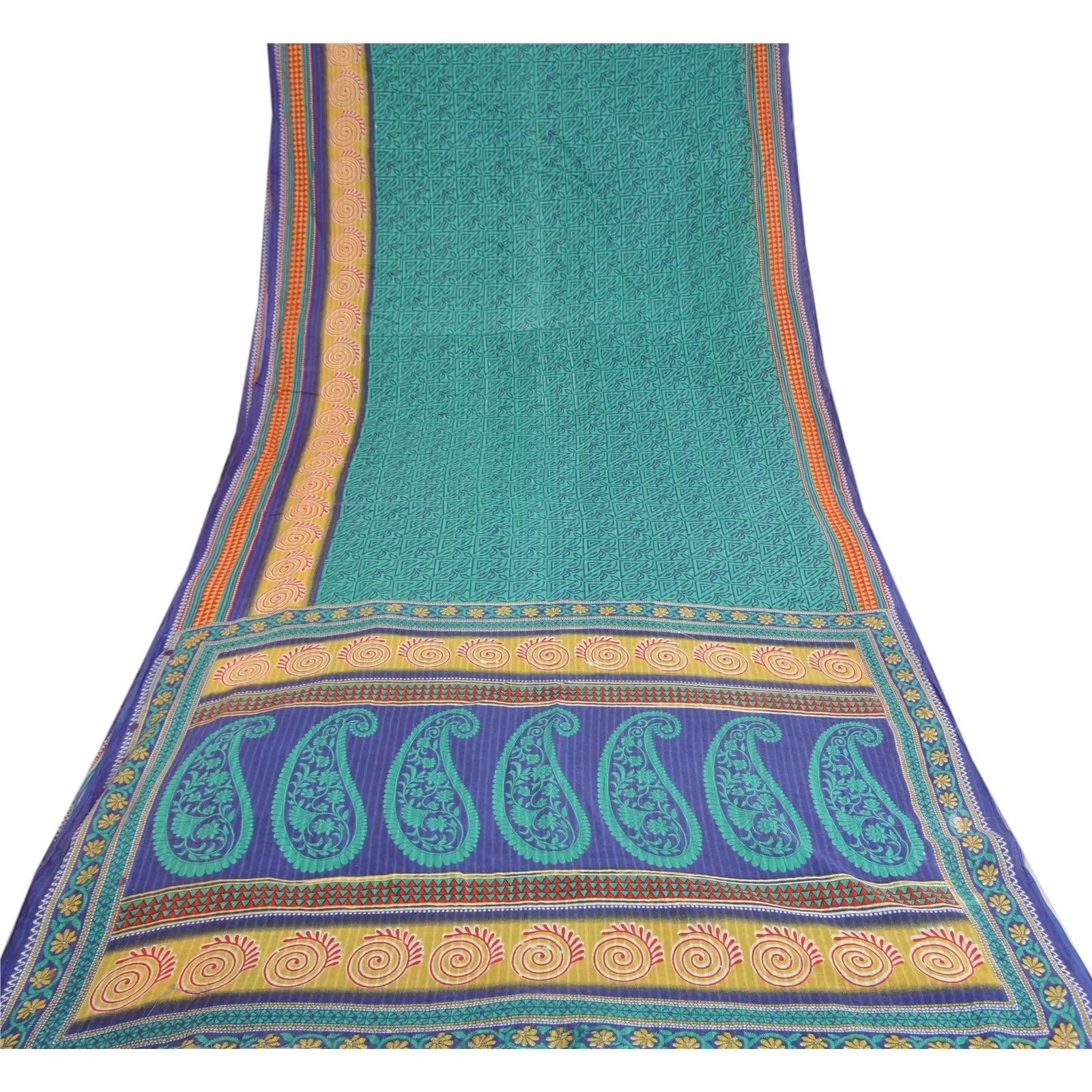 Sanskriti Vintage Sarees Indian Green/Blue Pure Cotton Printed Sari Craft Fabric