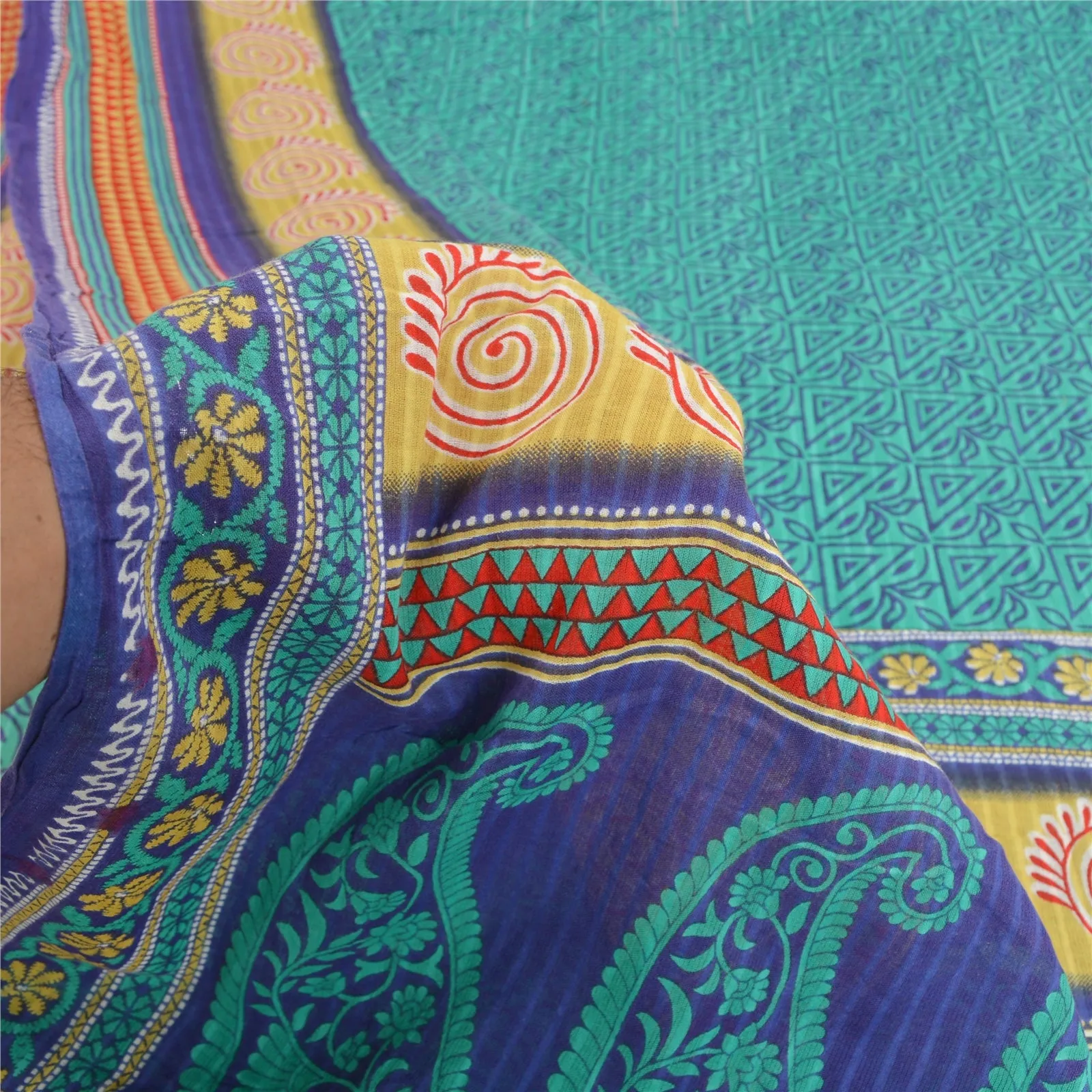 Sanskriti Vintage Sarees Indian Green/Blue Pure Cotton Printed Sari Craft Fabric