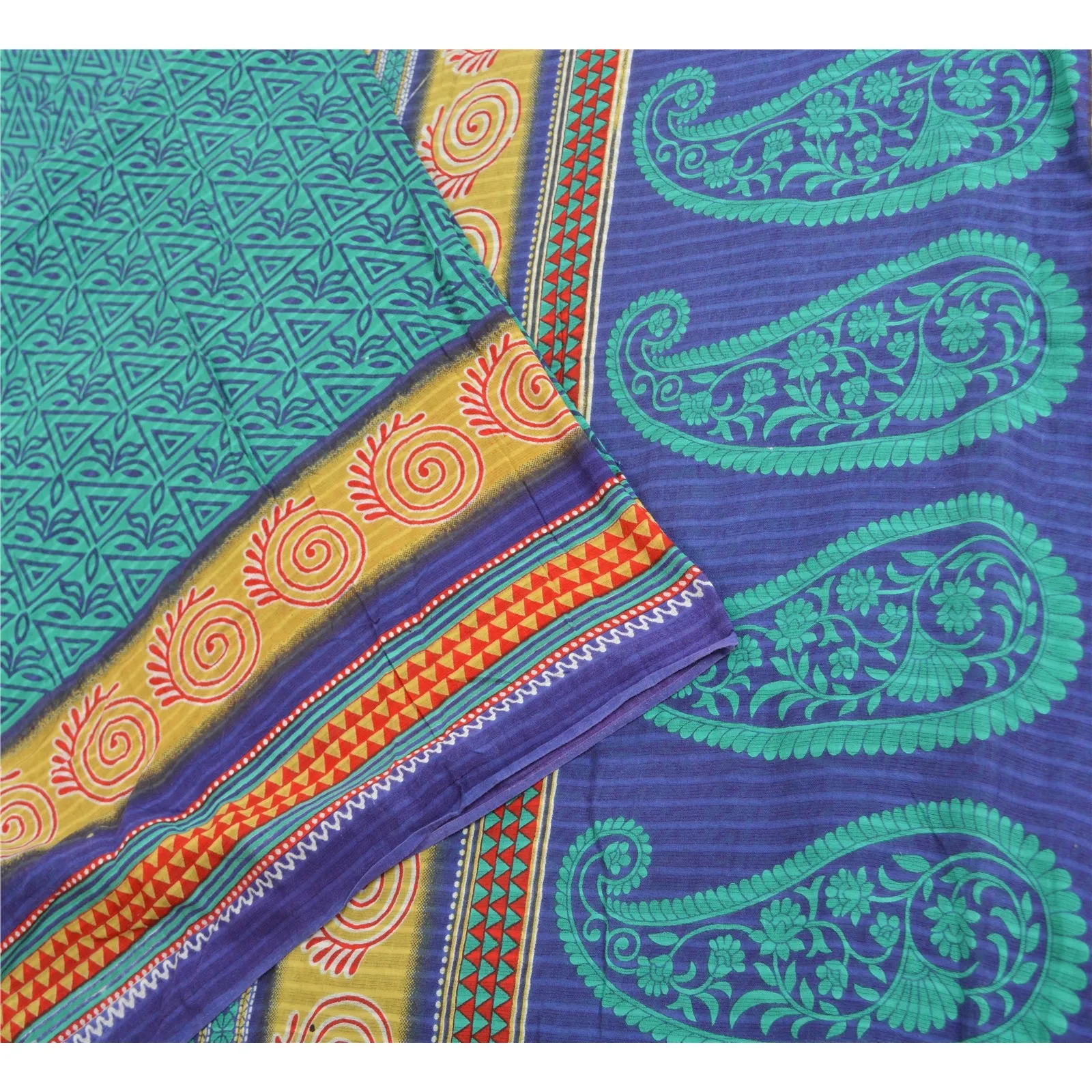 Sanskriti Vintage Sarees Indian Green/Blue Pure Cotton Printed Sari Craft Fabric