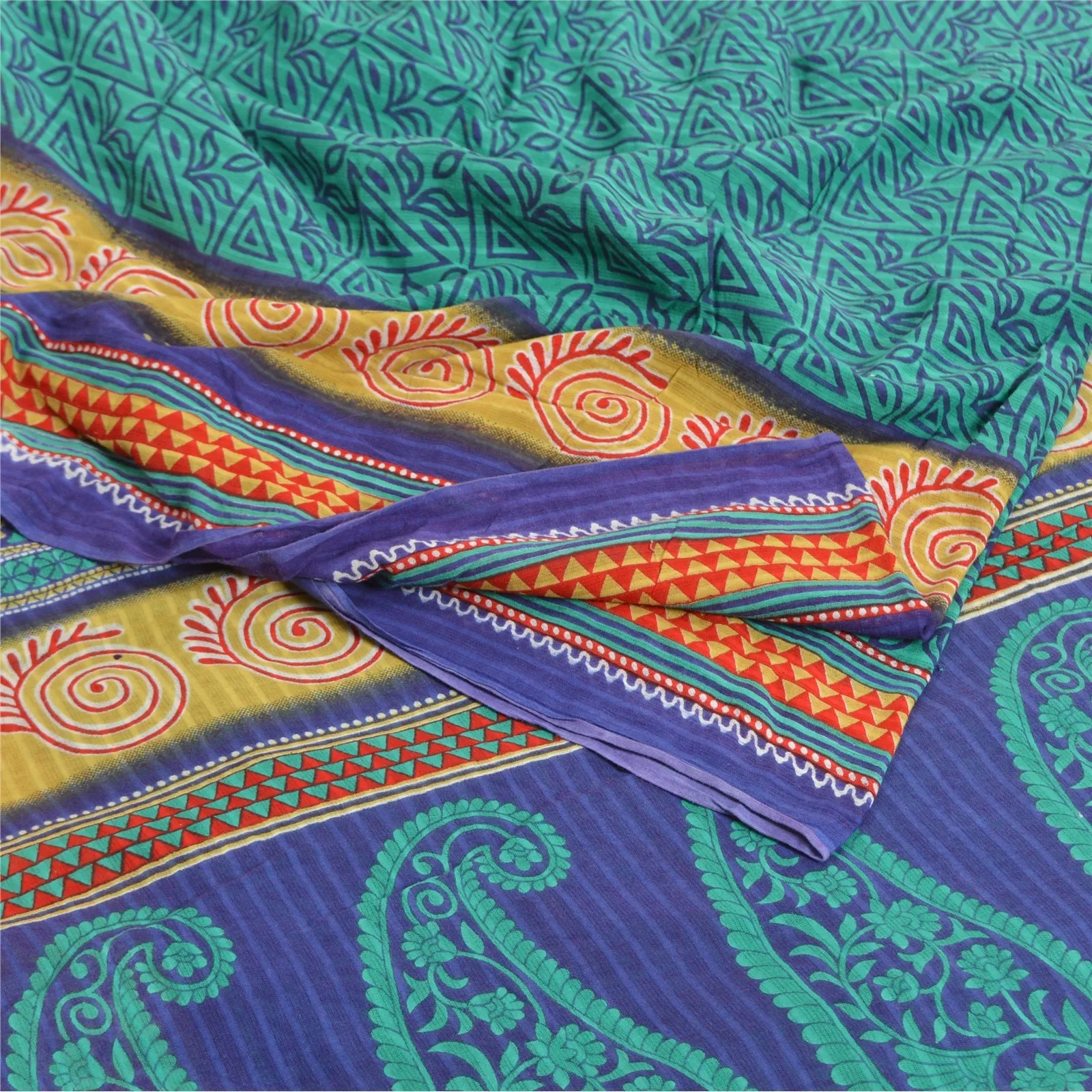 Sanskriti Vintage Sarees Indian Green/Blue Pure Cotton Printed Sari Craft Fabric