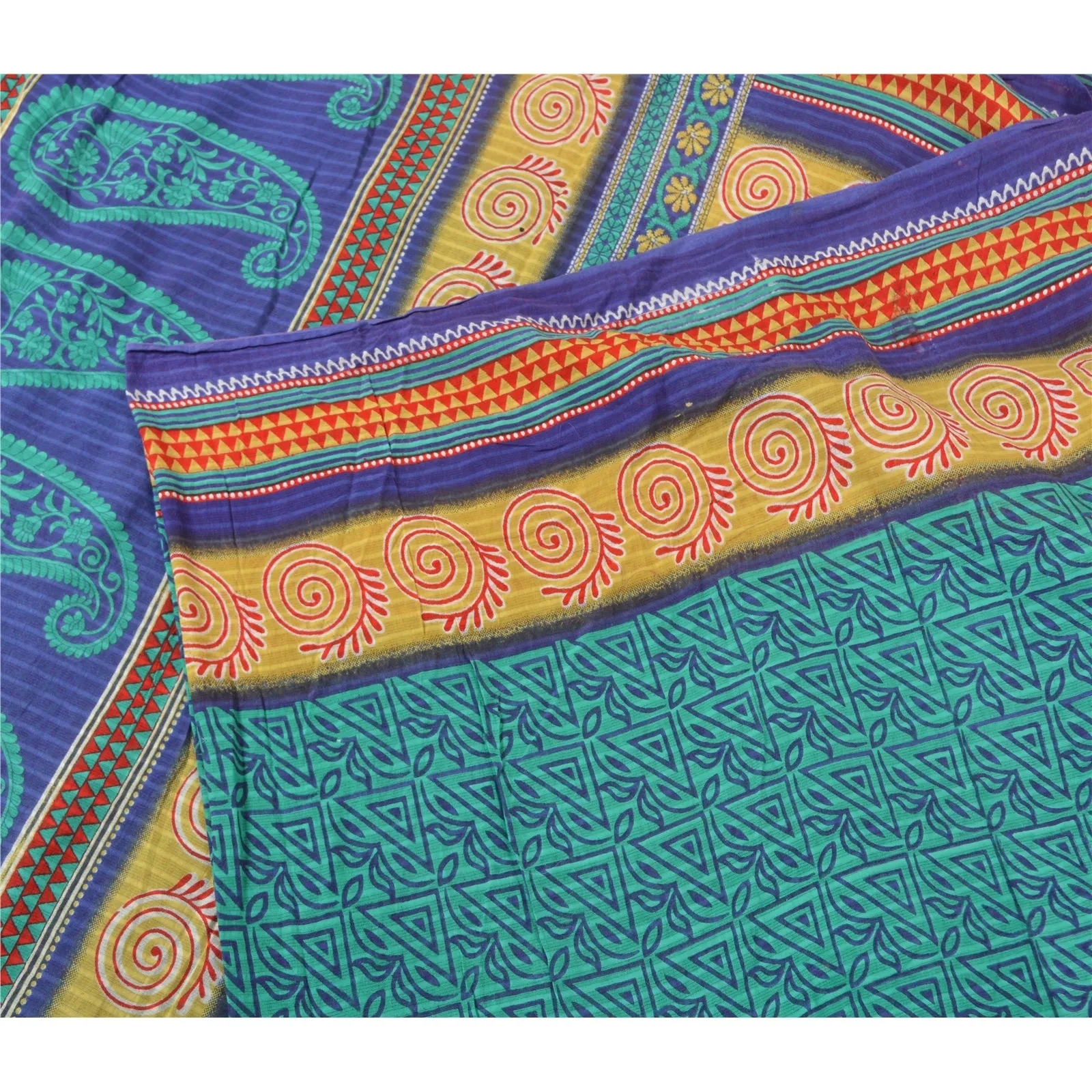 Sanskriti Vintage Sarees Indian Green/Blue Pure Cotton Printed Sari Craft Fabric