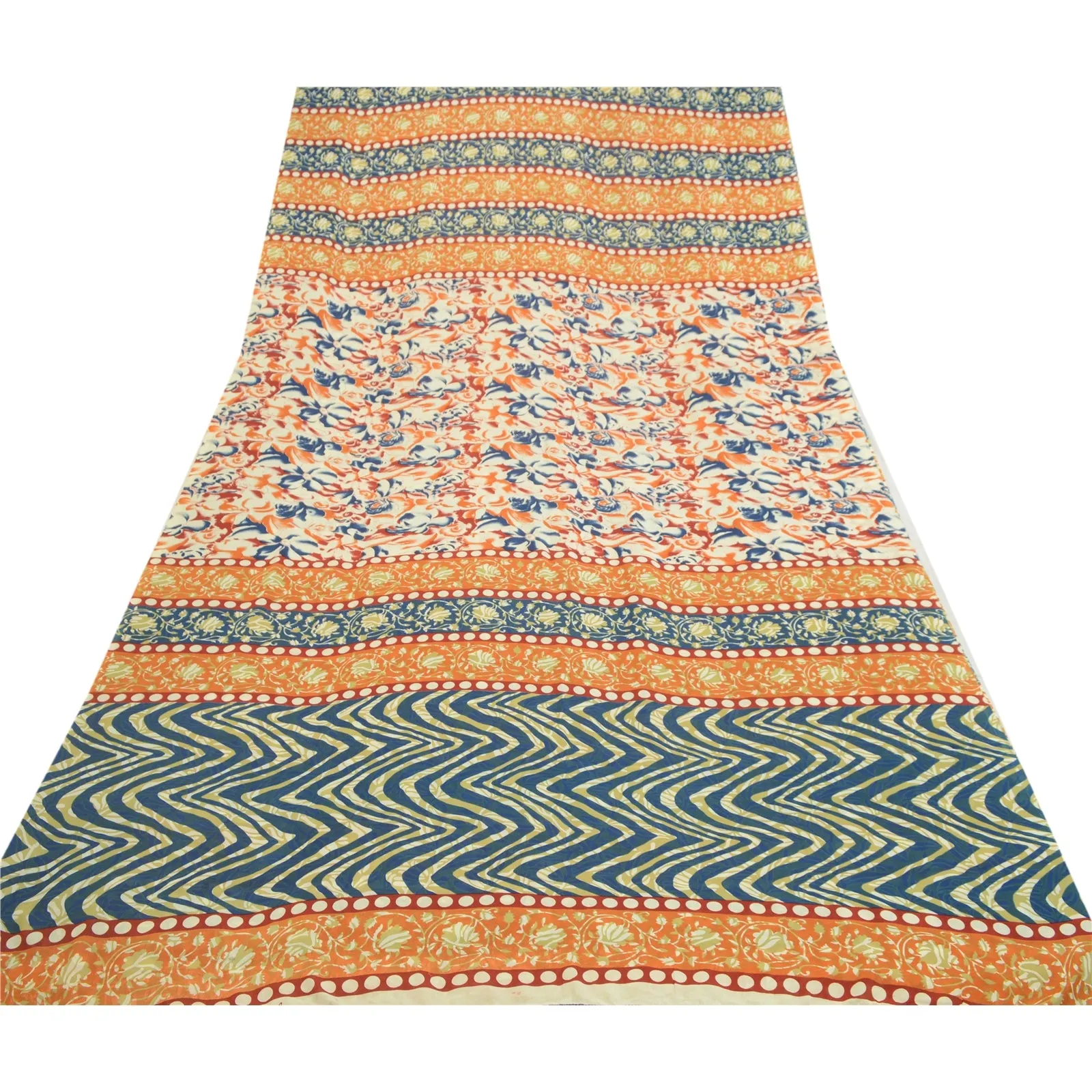 Sanskriti Vintage Sarees Indian Orange & Blue Georgette Print Sari Craft Fabric