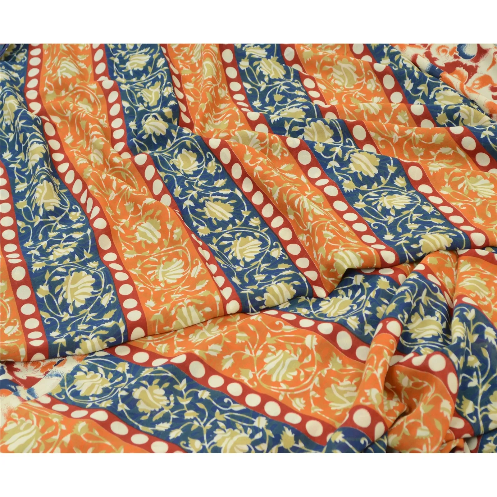 Sanskriti Vintage Sarees Indian Orange & Blue Georgette Print Sari Craft Fabric