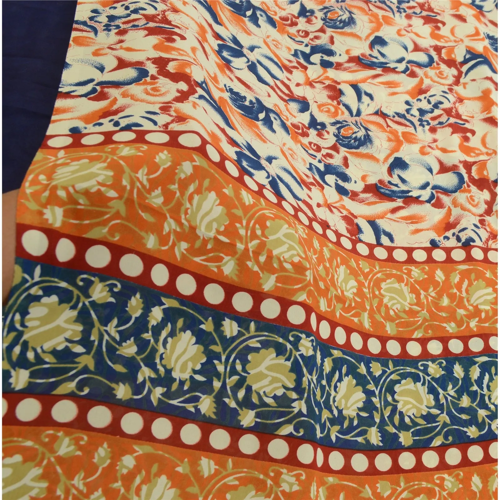 Sanskriti Vintage Sarees Indian Orange & Blue Georgette Print Sari Craft Fabric