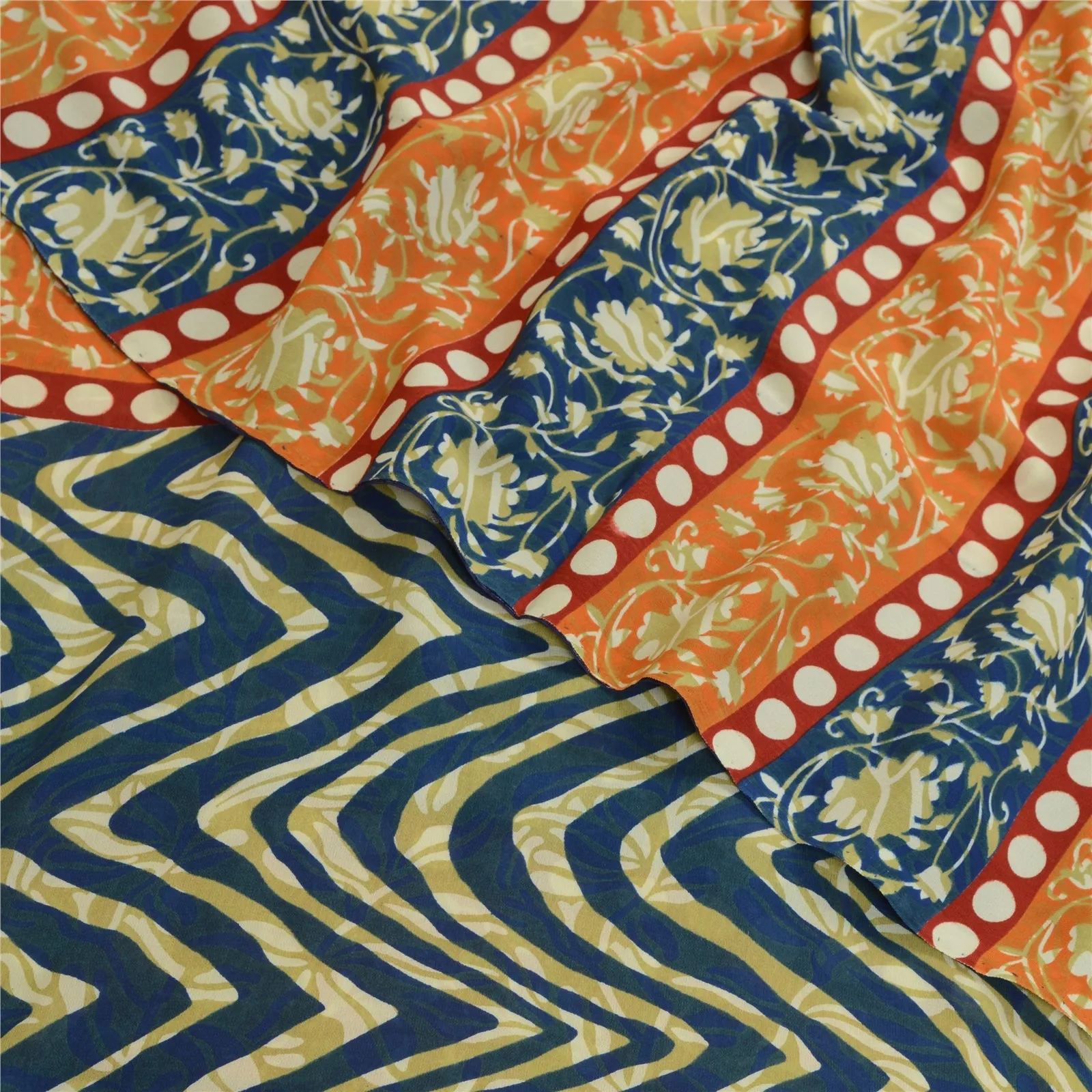 Sanskriti Vintage Sarees Indian Orange & Blue Georgette Print Sari Craft Fabric